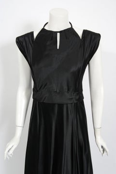 1940's Marcelle Dormoy French Couture Black Silk Cut-Outs Low Back Evening Gown