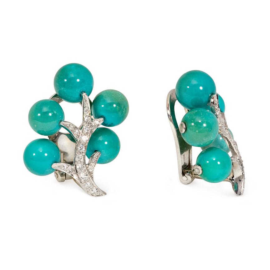 A pair of Retro diamond and turquoise bead earrings designed as a budding branch, in 14K and 18K gold.  Marianne Ostier.