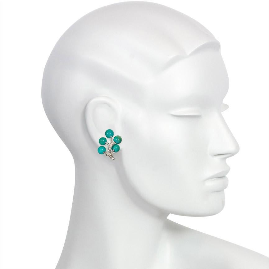Women's or Men's 1940s Marianne Ostier Turquoise and Diamond Stylized Foliate Motif Earrings