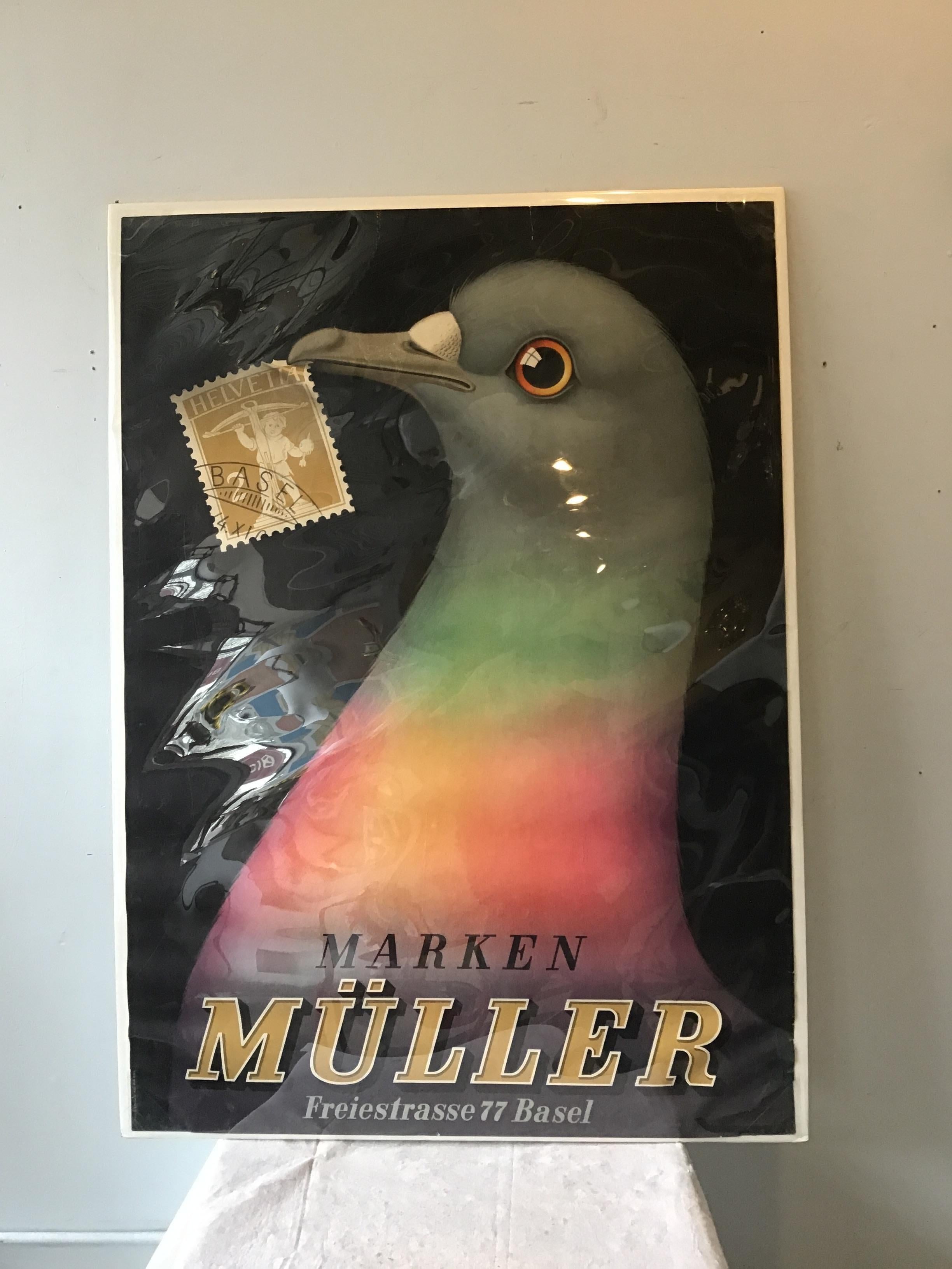 1948 Advertising poster for the Swiss philatelic store Marken Müller. Poster is under cellophane.