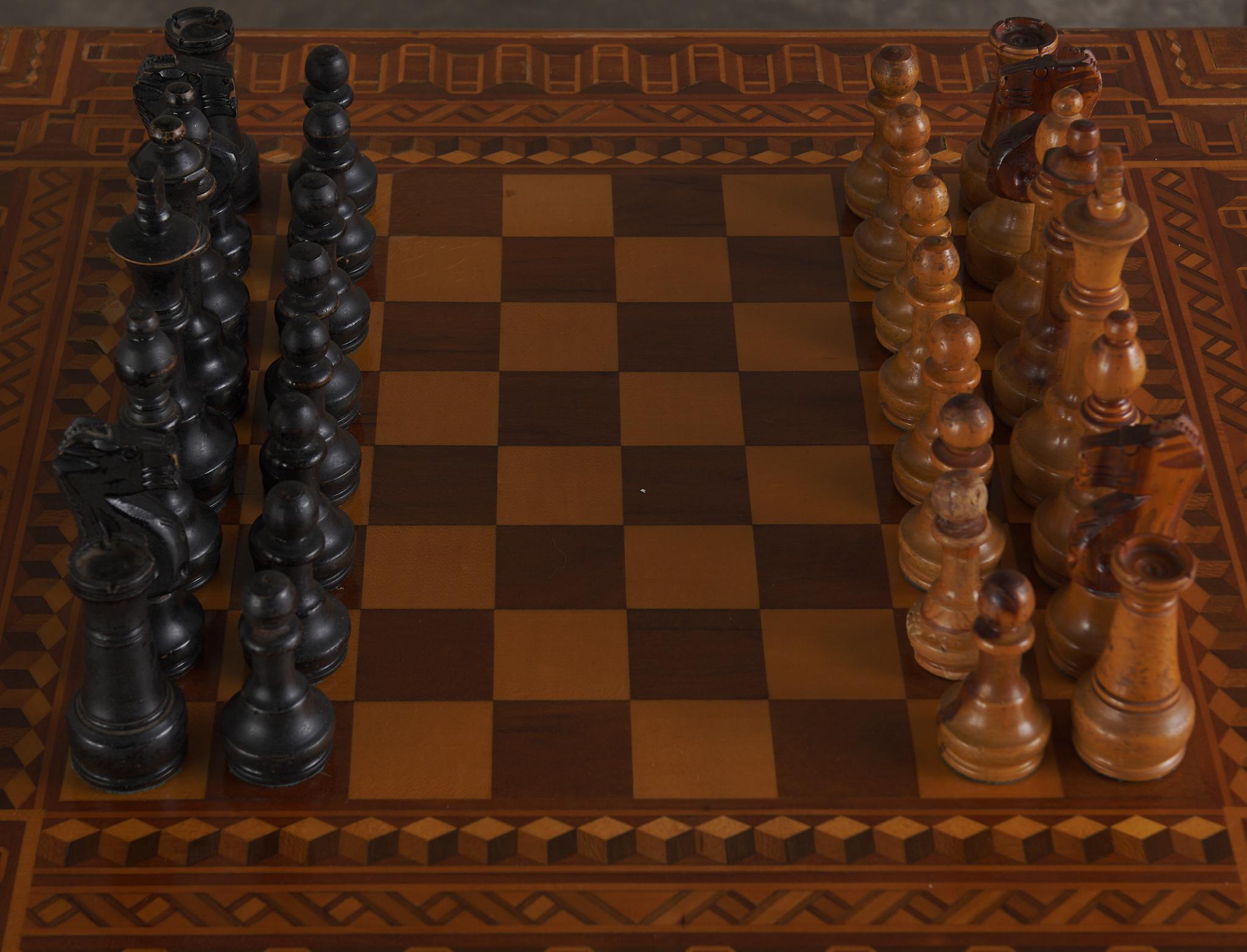 1940s Marquetry Game Table With Chairs and Chess Set Crafted By Rafael L Alarcon For Sale 3
