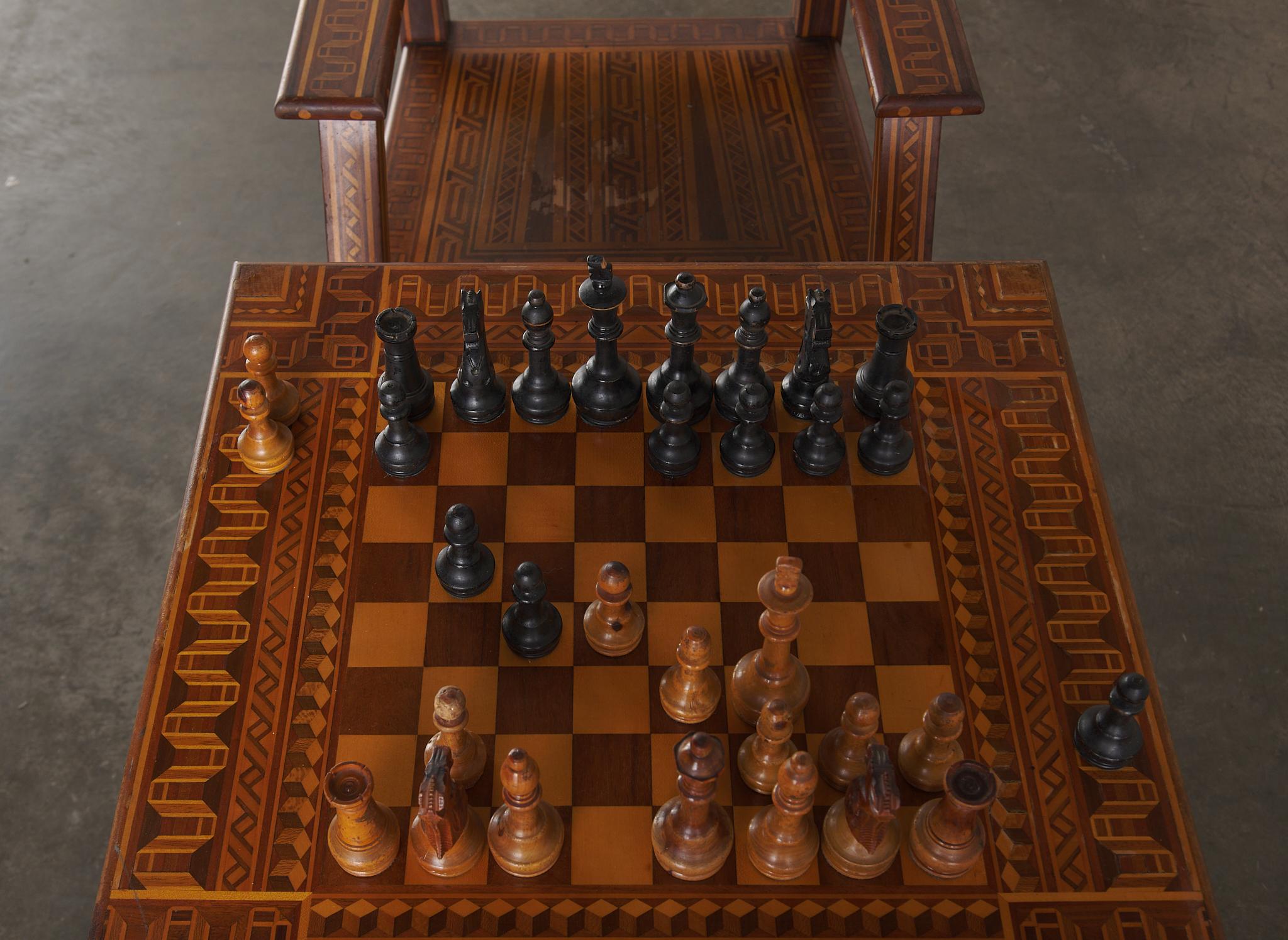 1940s Marquetry Game Table With Chairs and Chess Set Crafted By Rafael L Alarcon For Sale 4