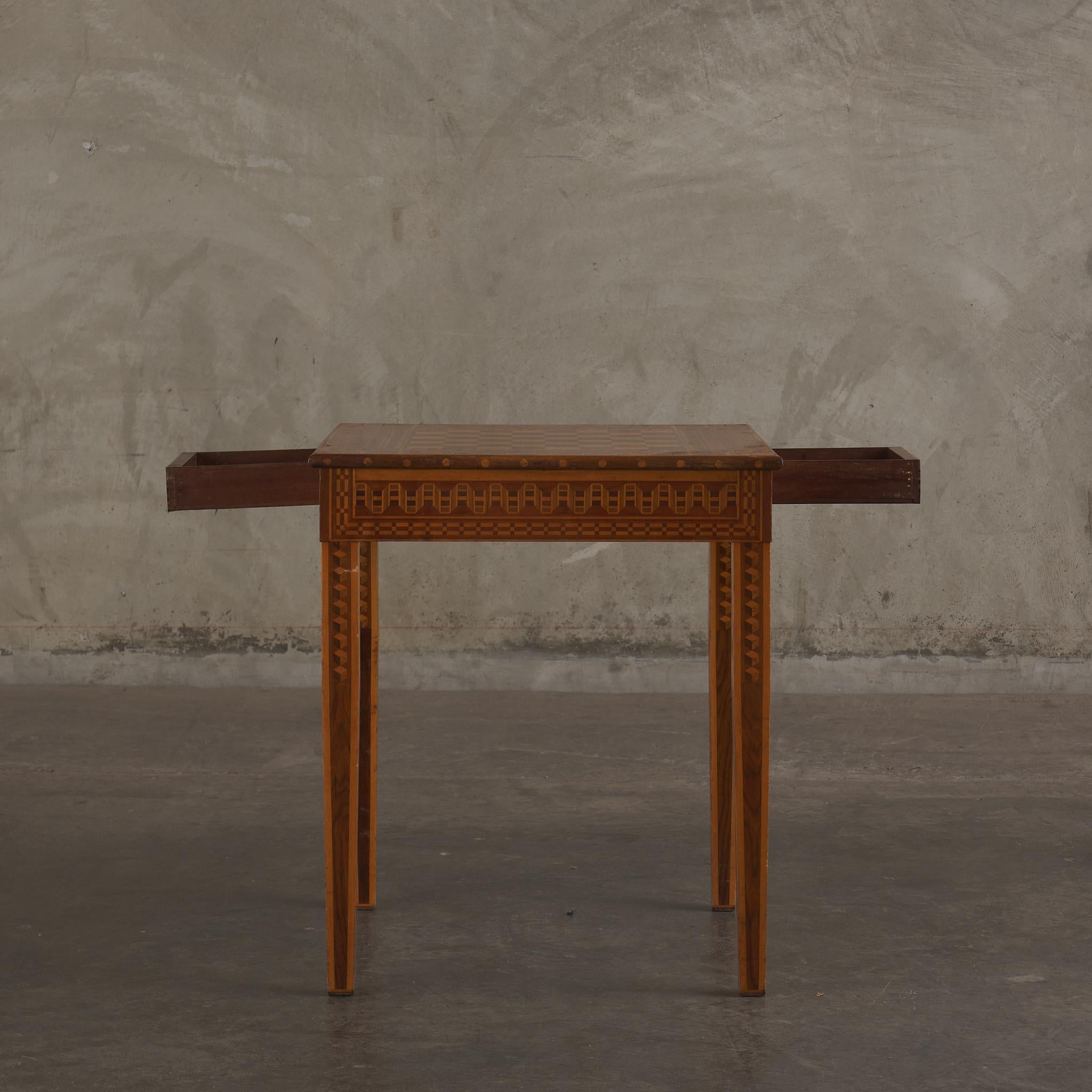 Wood 1940s Marquetry Game Table With Chairs and Chess Set Crafted By Rafael L Alarcon For Sale
