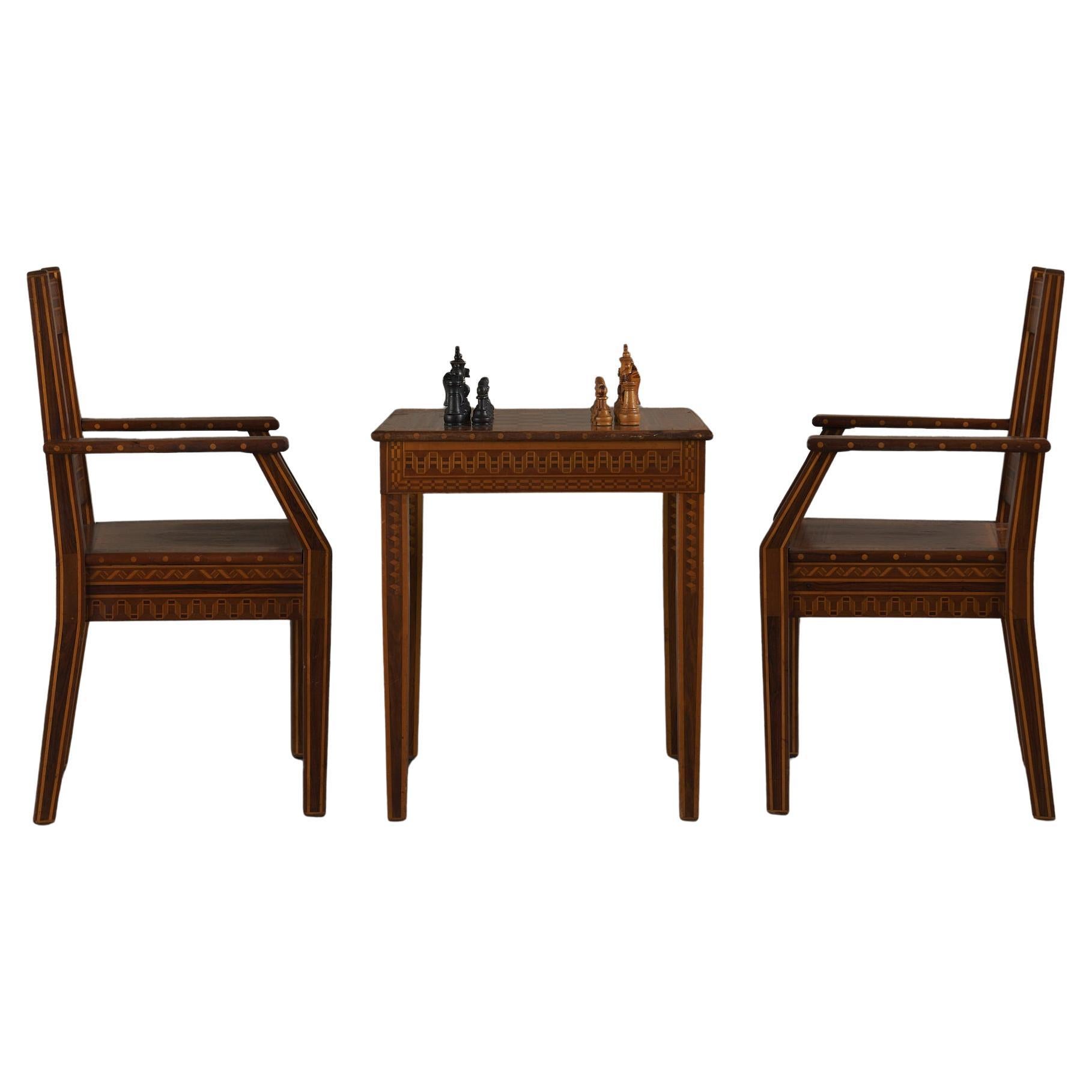 1940s Marquetry Game Table With Chairs and Chess Set Crafted By Rafael L Alarcon For Sale