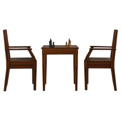 1940s Marquetry Game Table With Chairs and Chess Set Crafted By Rafael L Alarcon