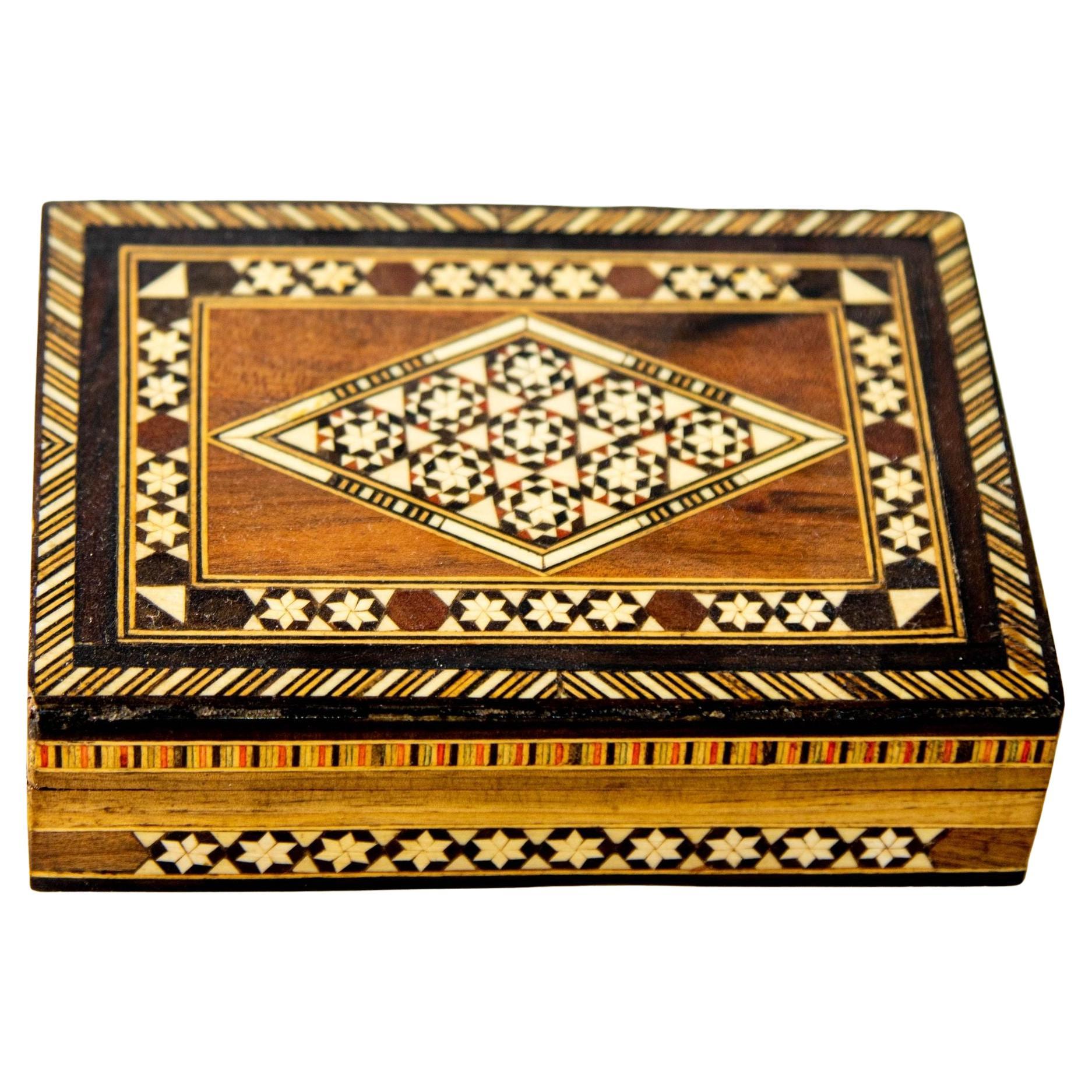 1940s Marquetry Mosaic Wood Box Moorish Islamic Art Spain Khatam Decor For Sale