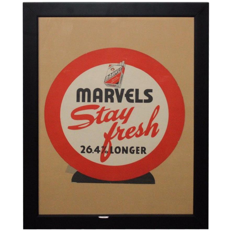1940s Marvels Cigarettes "Stay Fresh" Cardboard Advertising Framed For Sale