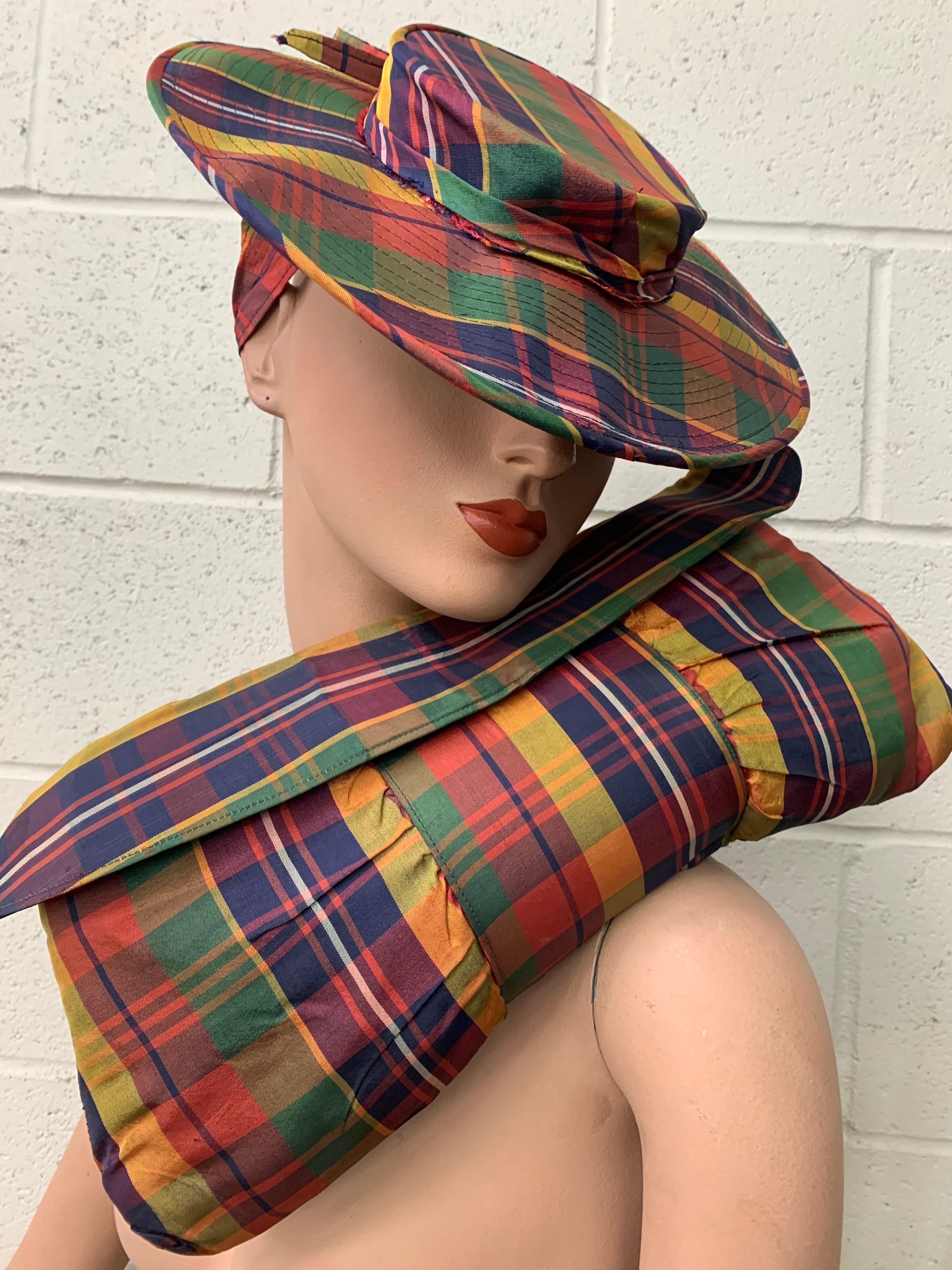 1940s Matching Madras Rayon Plaid Taffeta Brimmed Tilt Hat & Oversized Handbag Set:  Clutch gathered handbag and banded back ensemble to add a punch to your ensemble. Handbag is soft construction with a snap closure.  One size fits all.  