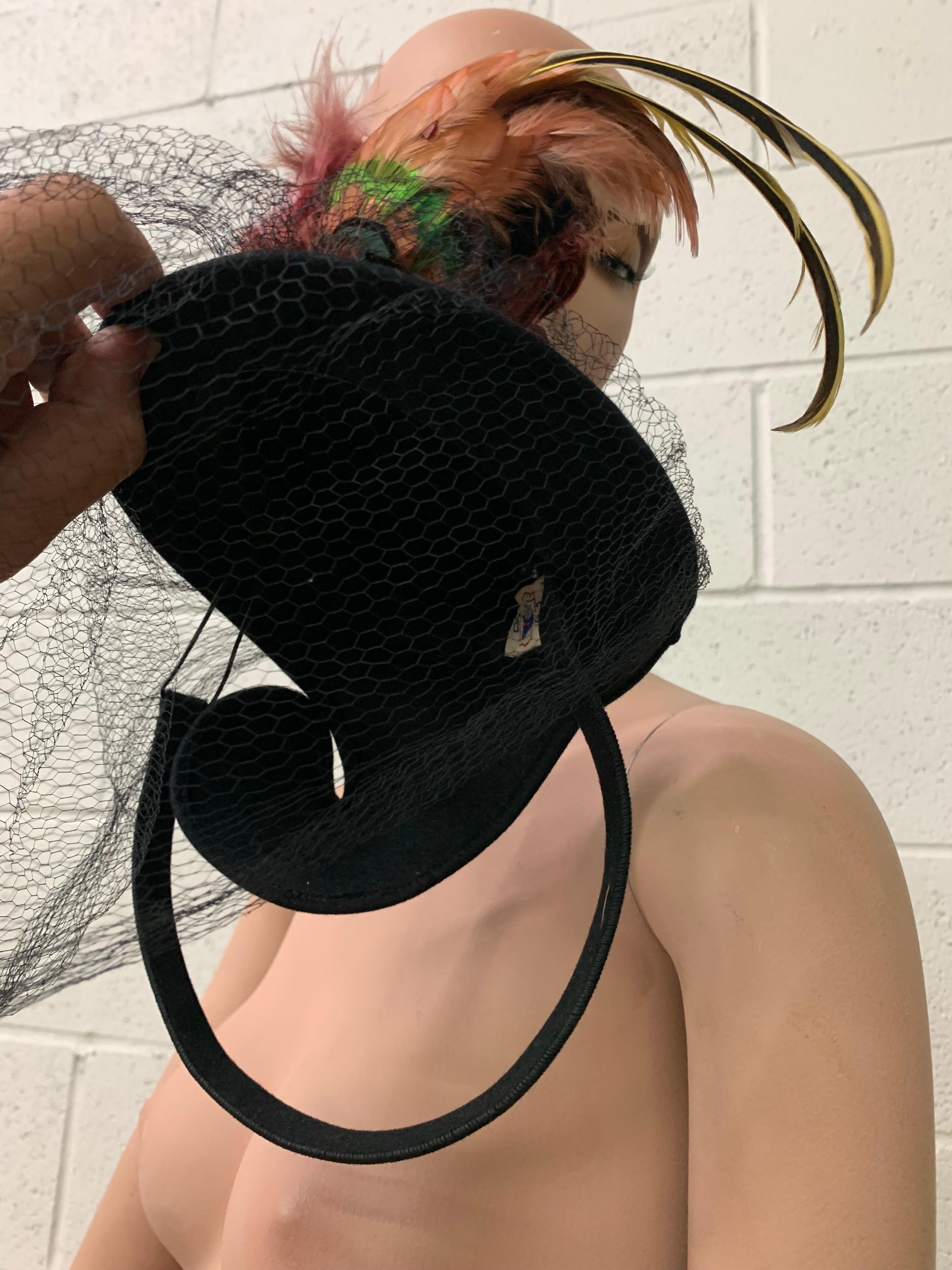 1940s Mathilde Model Black Felt Tilt Toy Hat w Exotic Feather Spray & Veil en vente 6