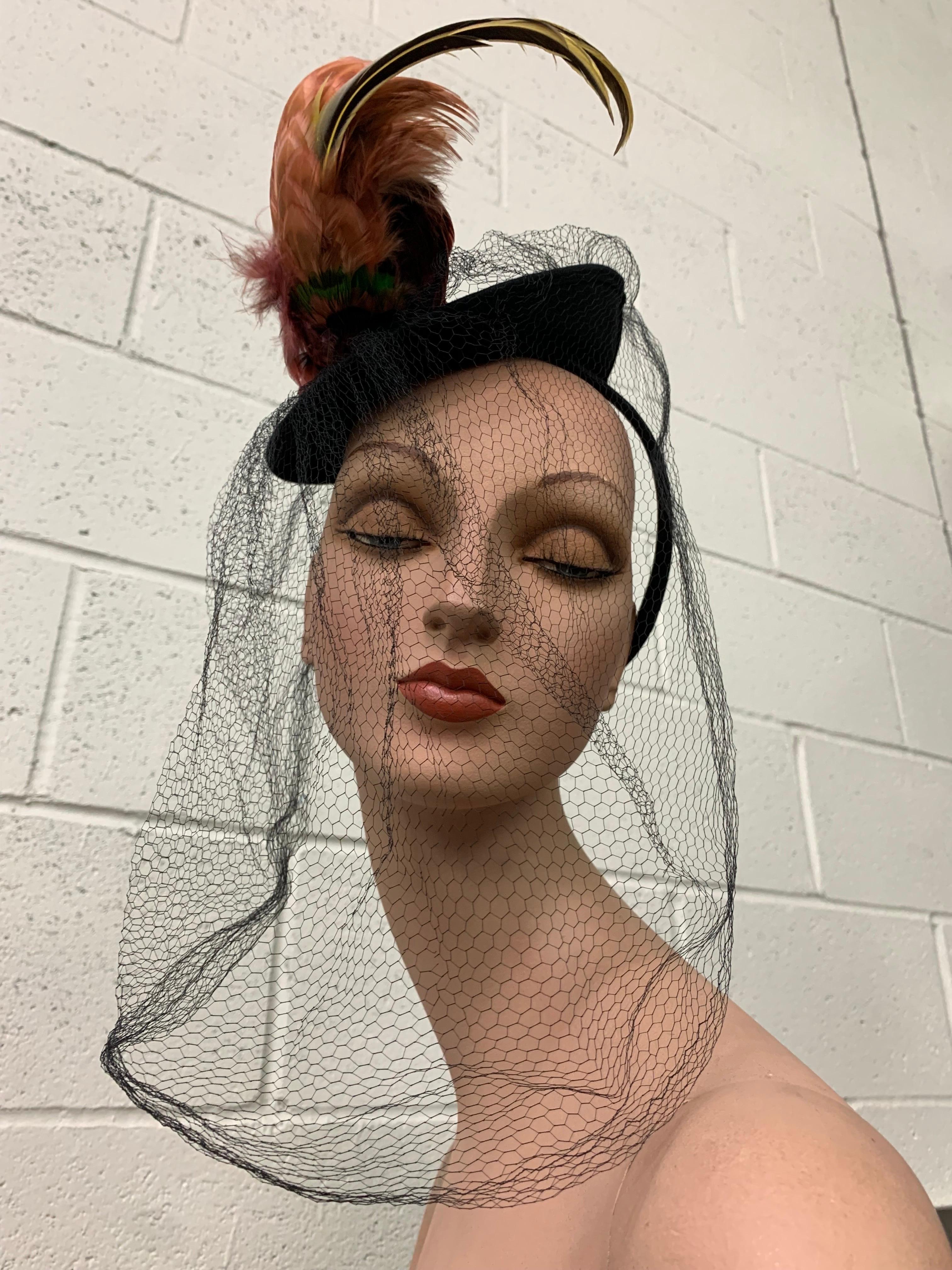1940s Mathilde Model Black Felt Tilt Toy Hat w Exotic Feather Spray & Veil In Excellent Condition For Sale In Gresham, OR