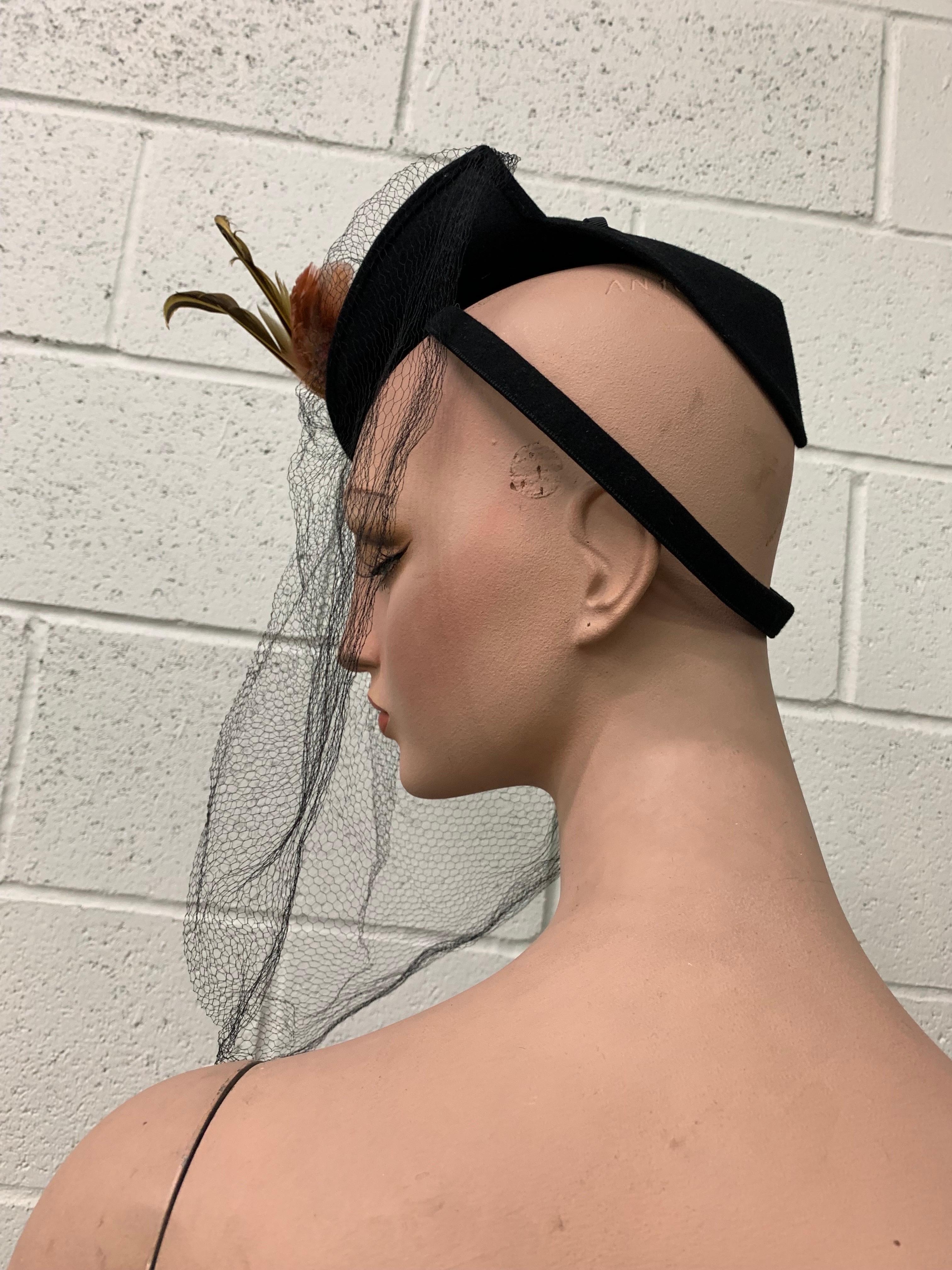 1940s Mathilde Model Black Felt Tilt Toy Hat w Exotic Feather Spray & Veil For Sale 1