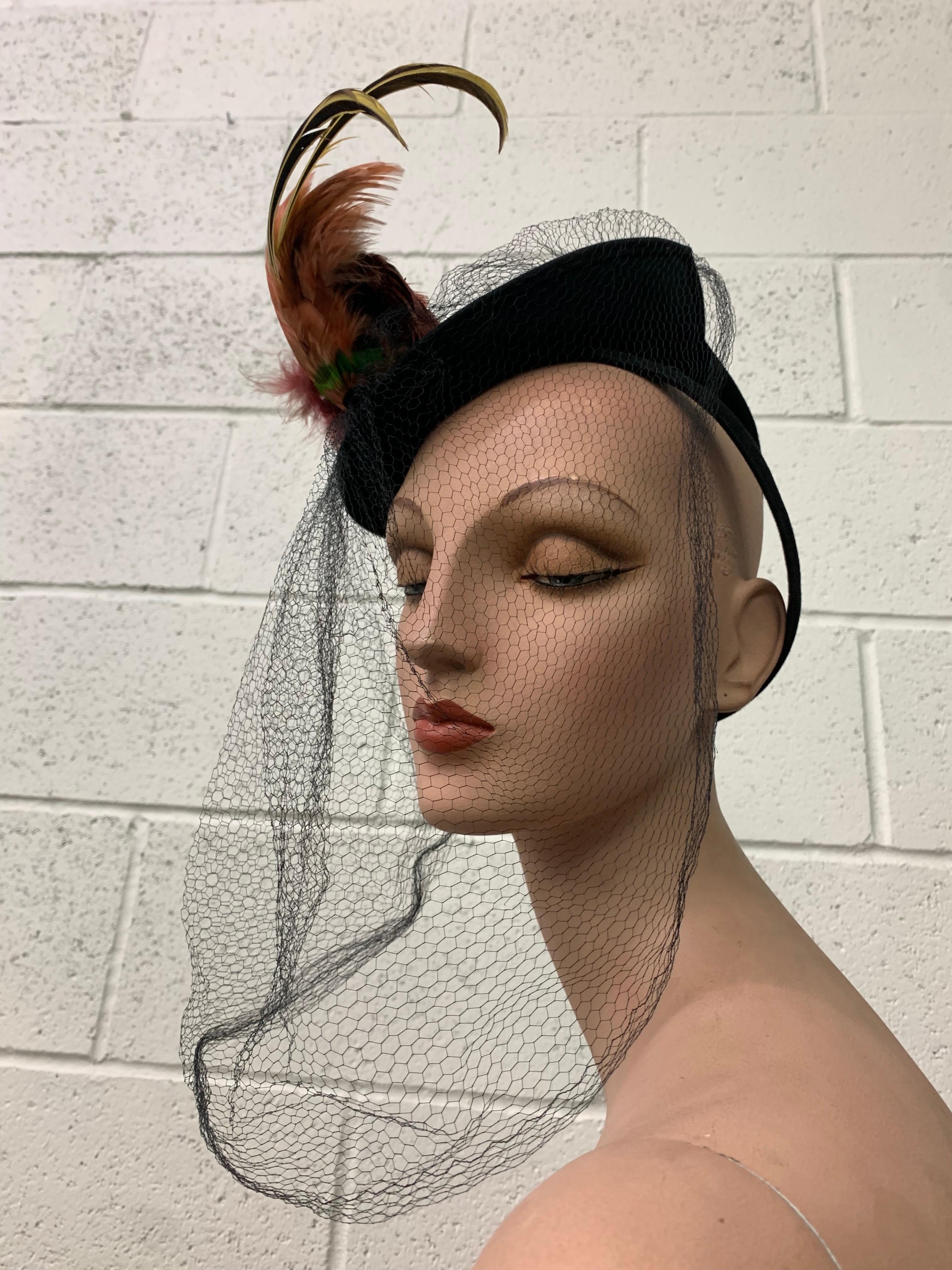 1940s Mathilde Model Black Felt Tilt Toy Hat w Exotic Feather Spray & Veil For Sale 2