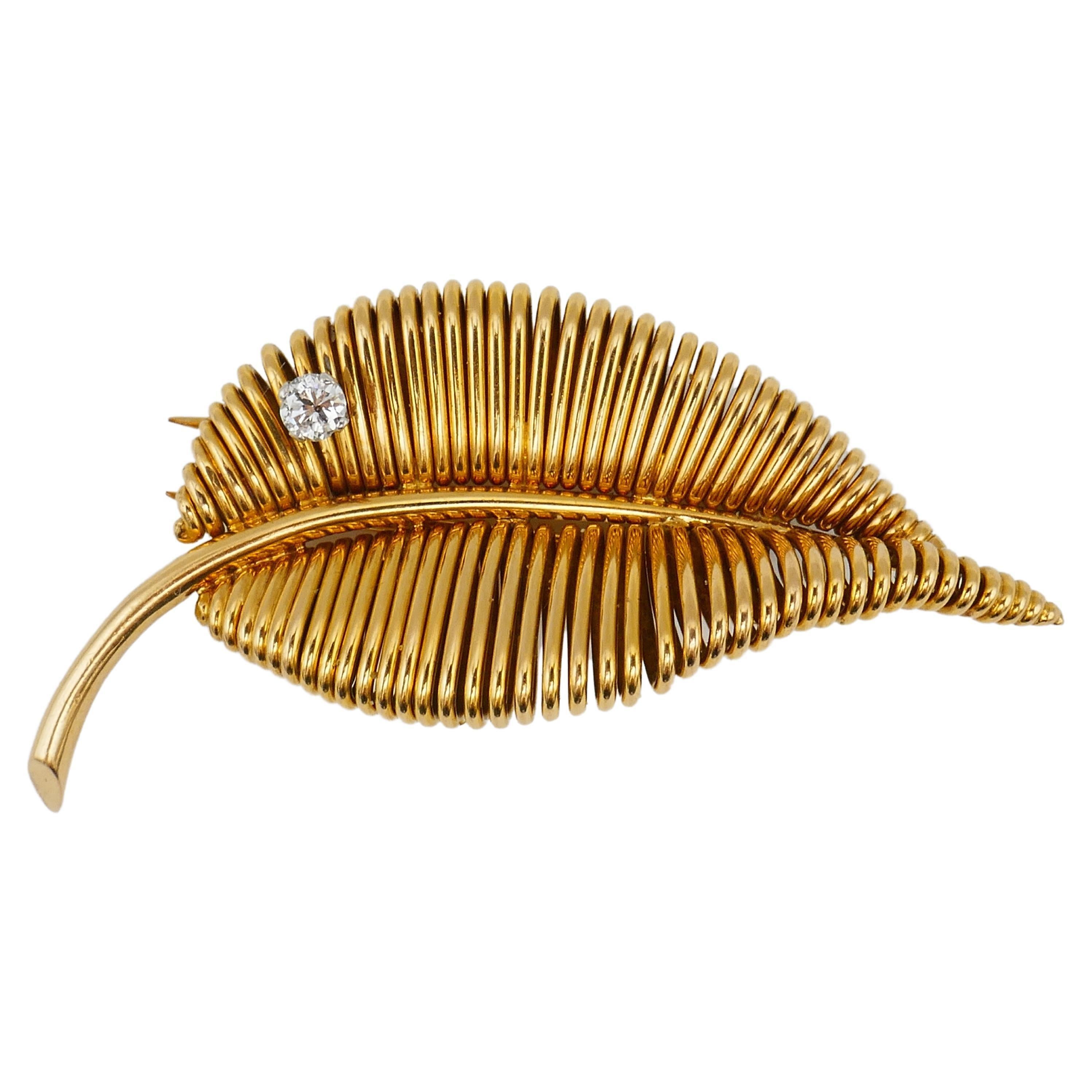 Retro 1940s Mauboussin Gold Diamond Leaf Pin Brooch