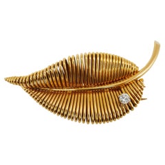 1940s Mauboussin Gold Diamond Leaf Pin Brooch 