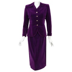 1940's Maury Friedman Royal-Purple Ruched Velvet Tailored Jacket & Skirt Suit