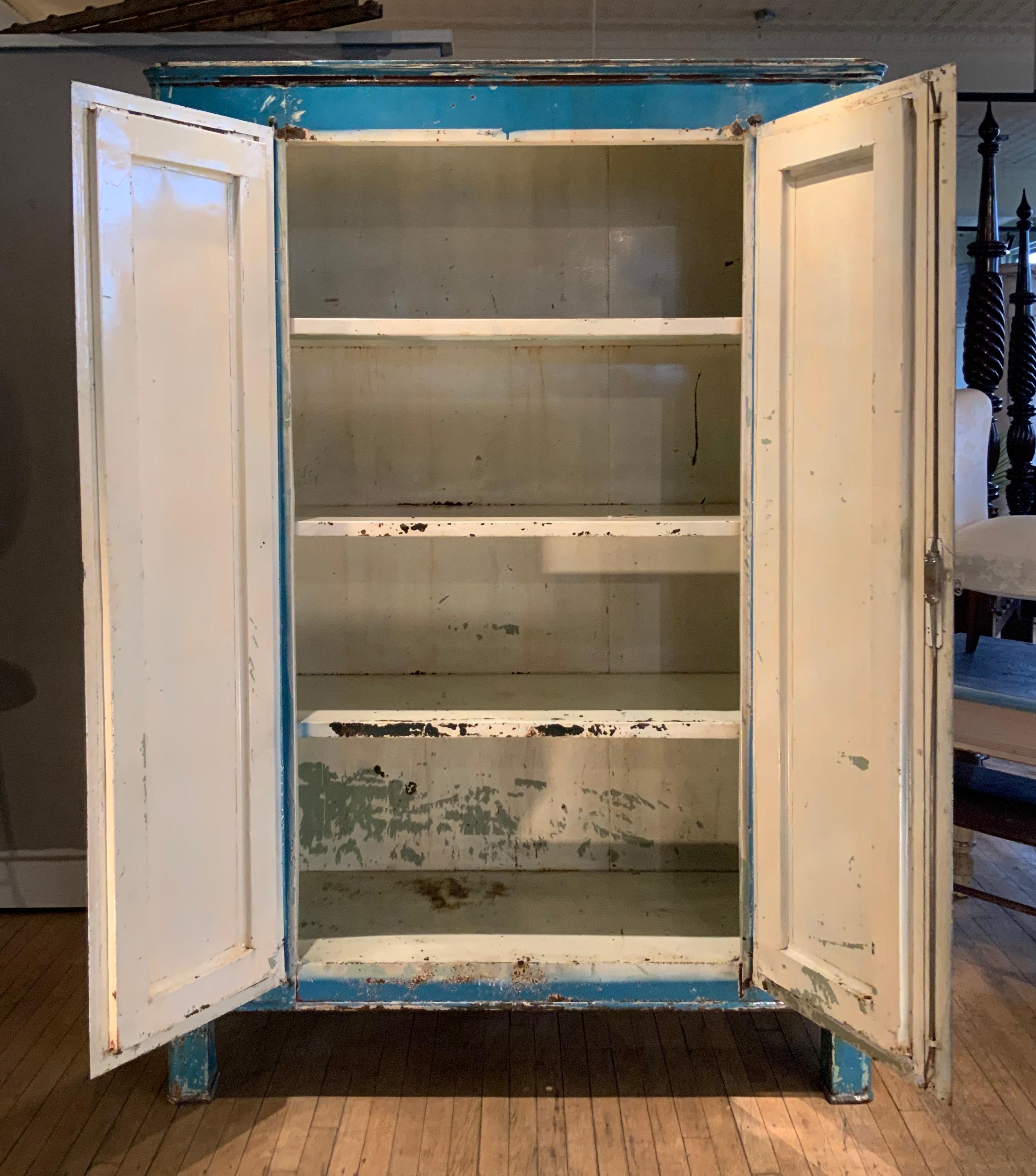 1940's, Mediterranean Blue Italian Industrial Painted Steel Cabinet In Good Condition In Hudson, NY