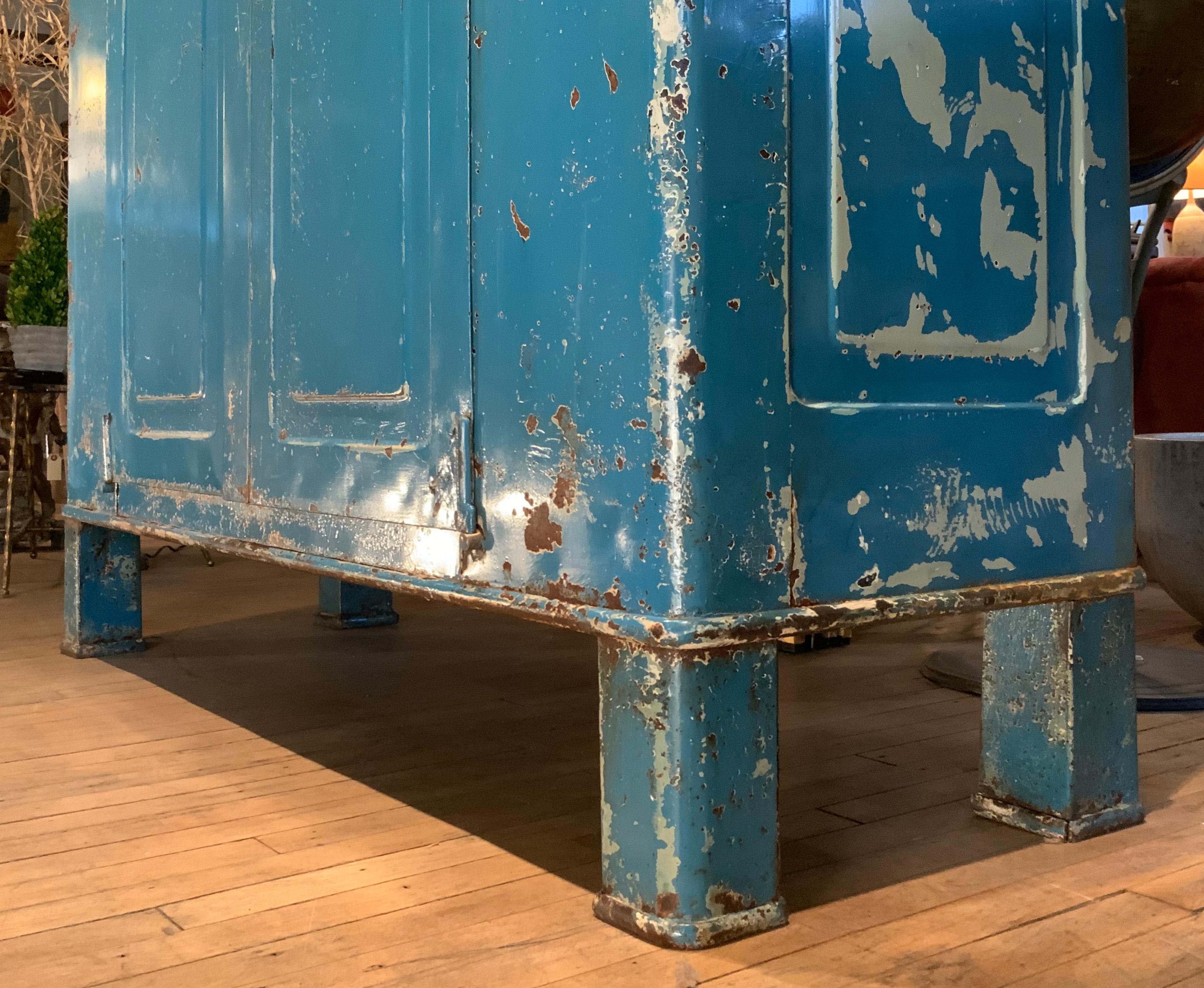 1940's, Mediterranean Blue Italian Industrial Painted Steel Cabinet 1