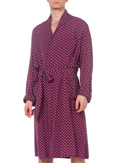 1940S Burgundy Rayon Geometric Printed Mens Robe