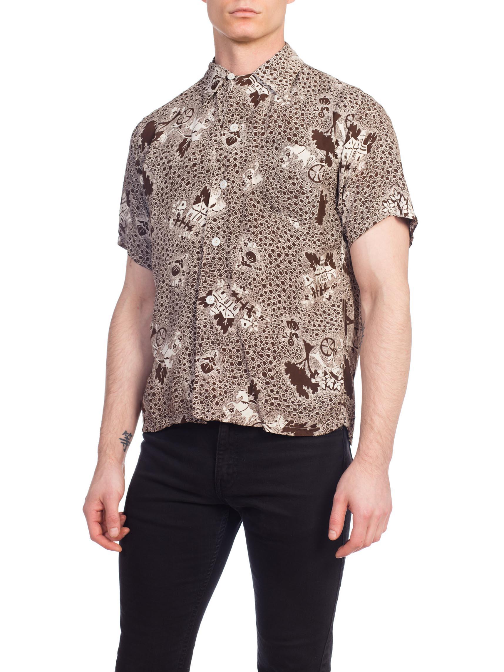 Gray 1940S White & Brown Rayon Men's Scenic Fantasy Conversational Print Shirt For Sale