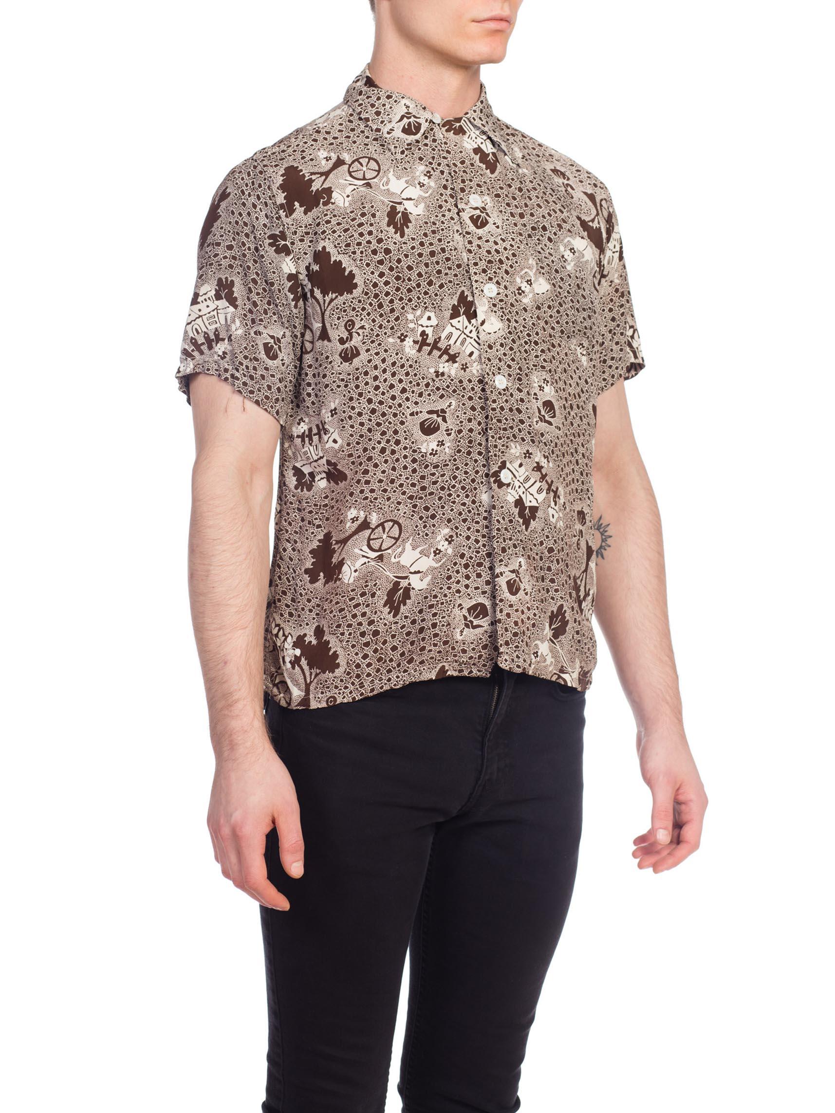 1940S White & Brown Rayon Men's Scenic Fantasy Conversational Print Shirt For Sale 2