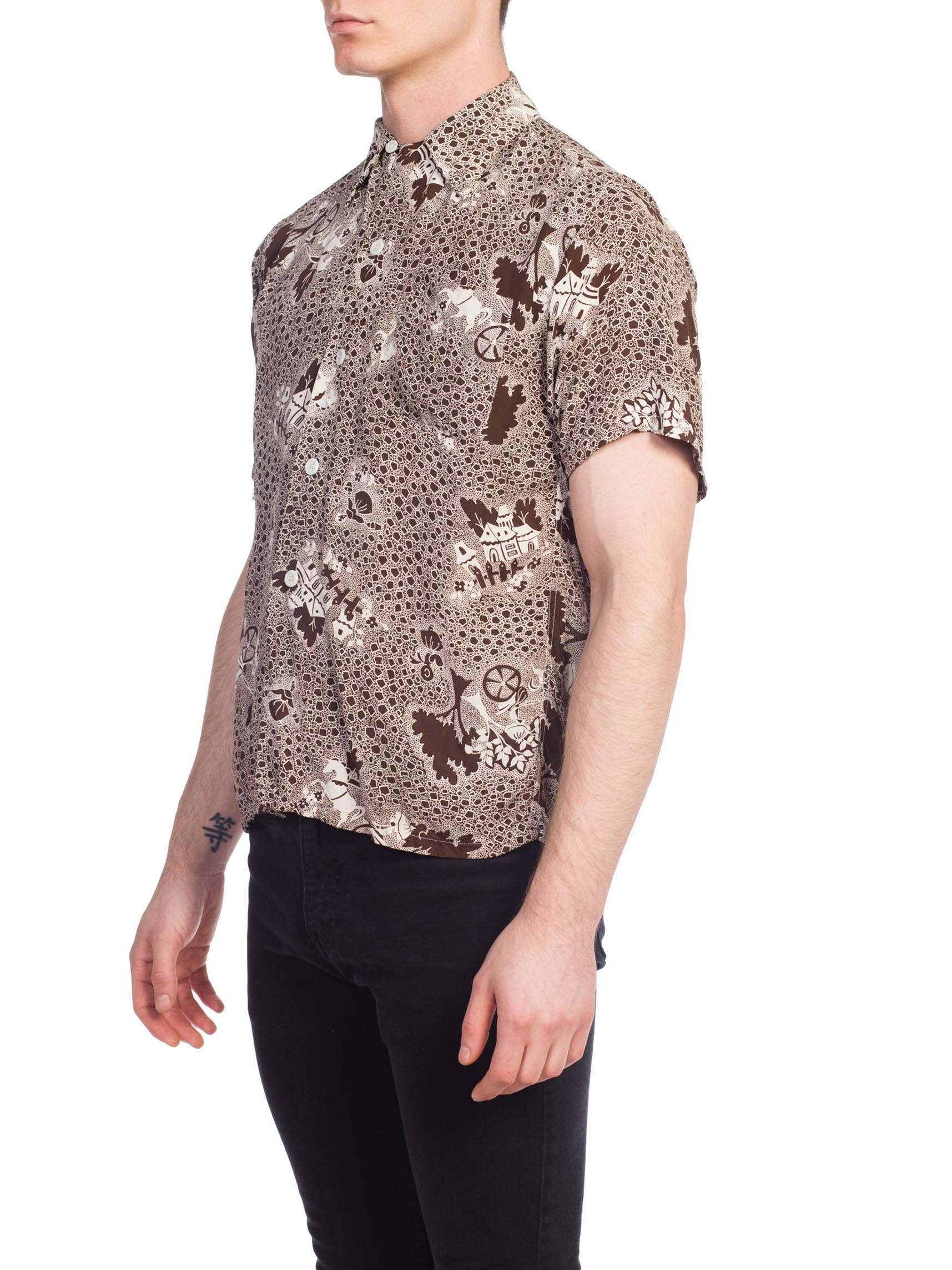 1940S White & Brown Rayon Men's Scenic Fantasy Conversational Print Shirt For Sale 3