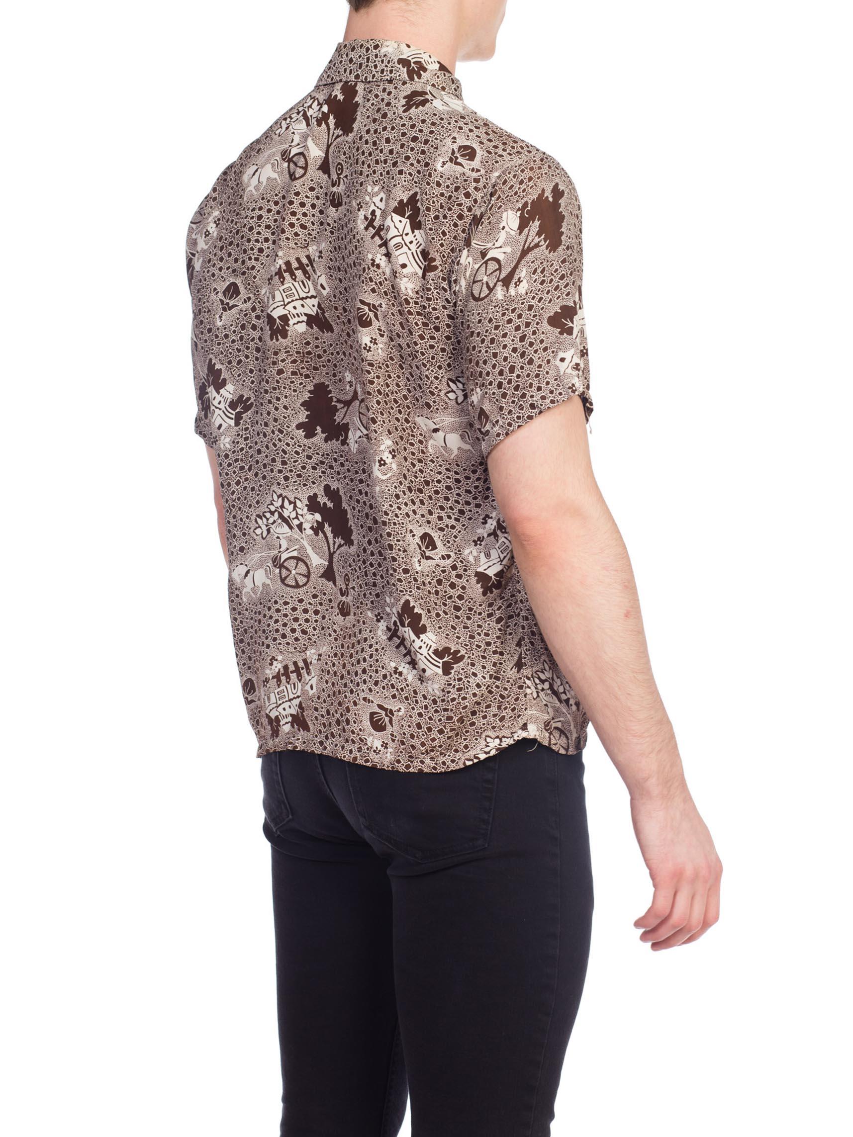 1940S White & Brown Rayon Men's Scenic Fantasy Conversational Print Shirt For Sale 4