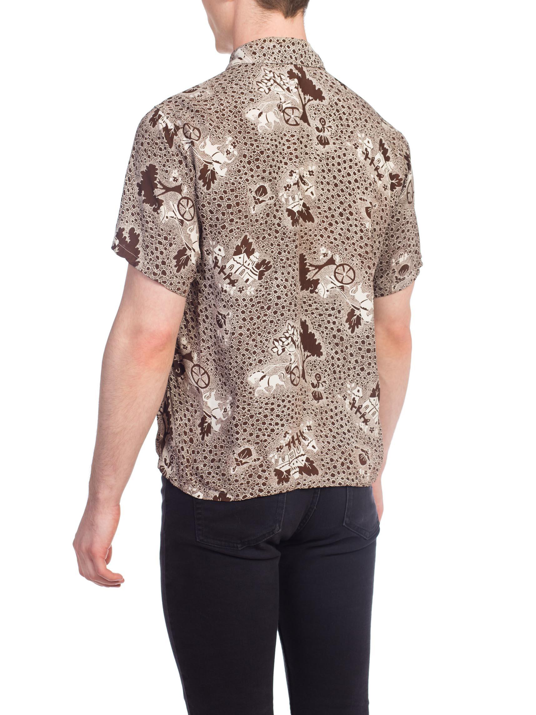1940S White & Brown Rayon Men's Scenic Fantasy Conversational Print Shirt For Sale 5