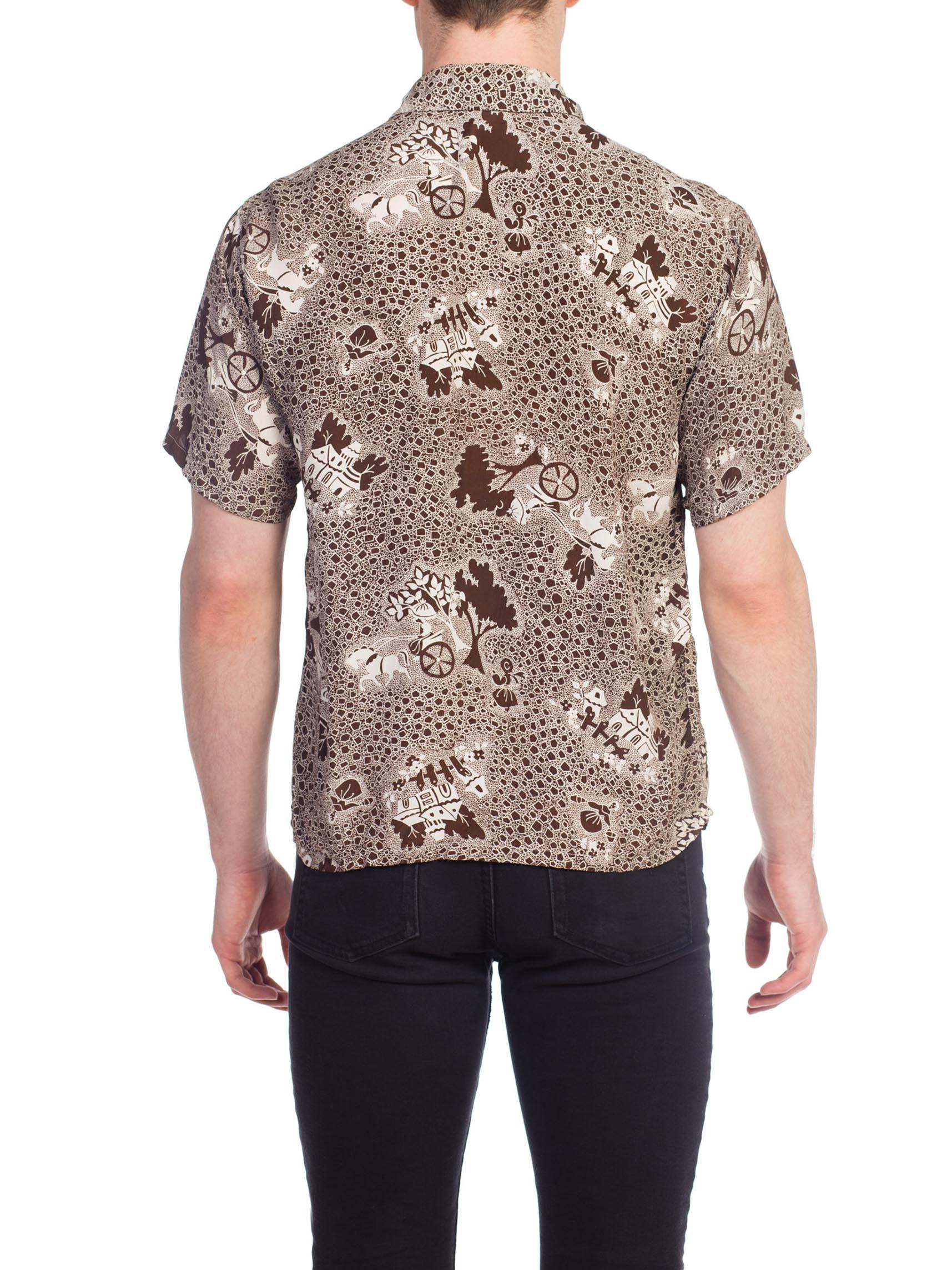 1940S White & Brown Rayon Men's Scenic Fantasy Conversational Print Shirt For Sale 6