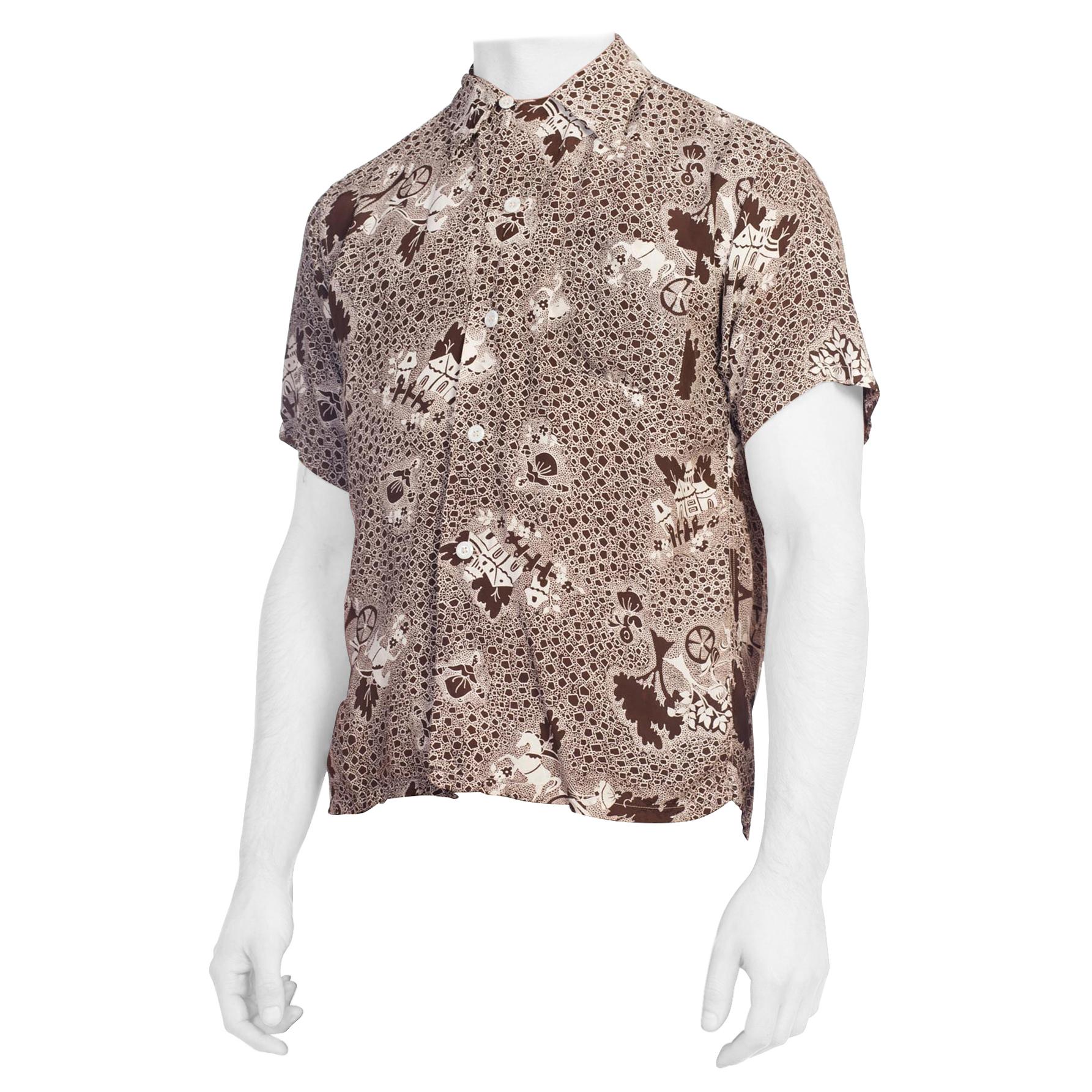 1940S White & Brown Rayon Men's Scenic Fantasy Conversational Print Shirt For Sale