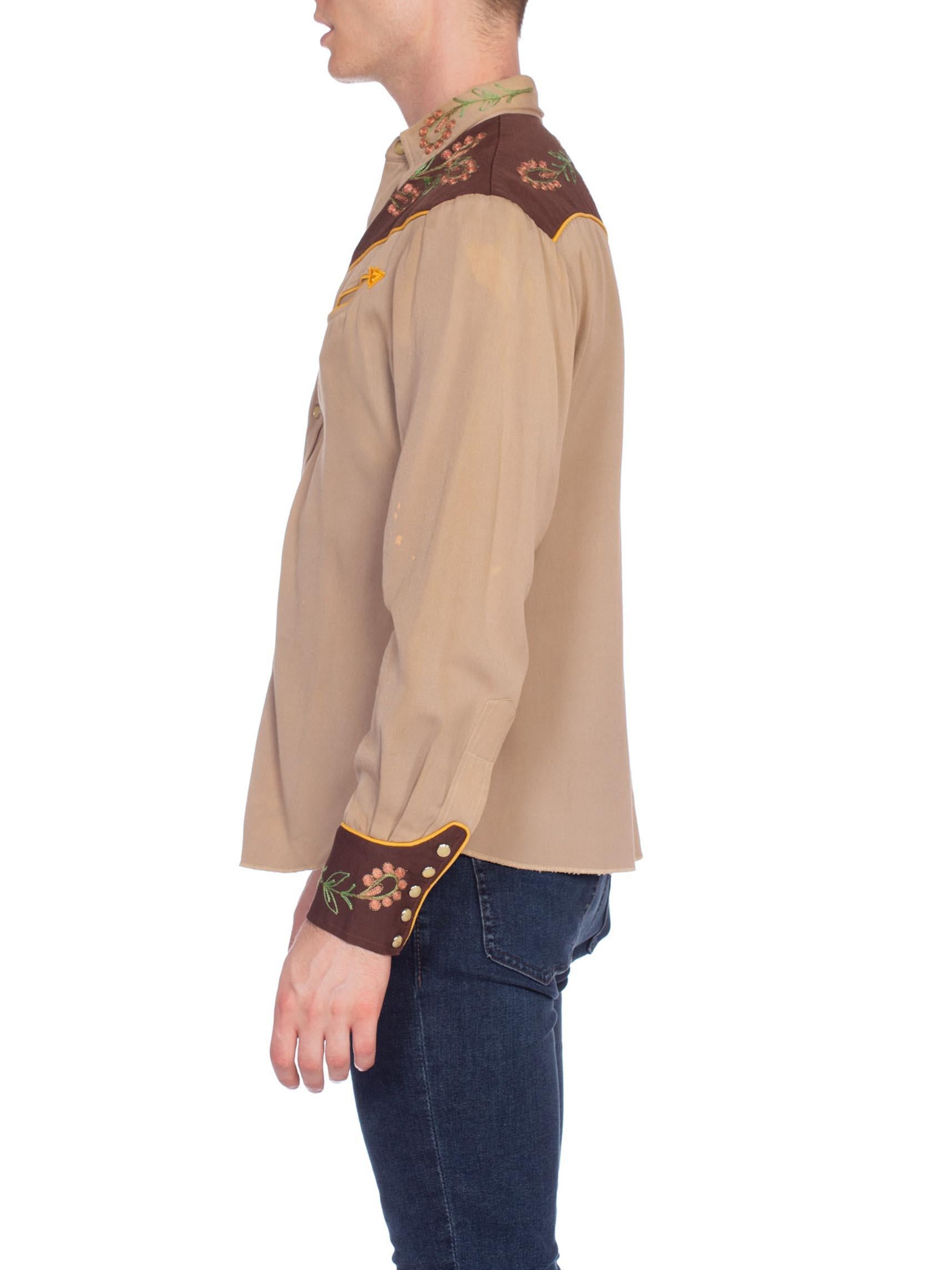 minor spots and holes throughout 1940'S Brown Wool Men's Two-Tone Western Shirt With Metallic Floral Embroidery