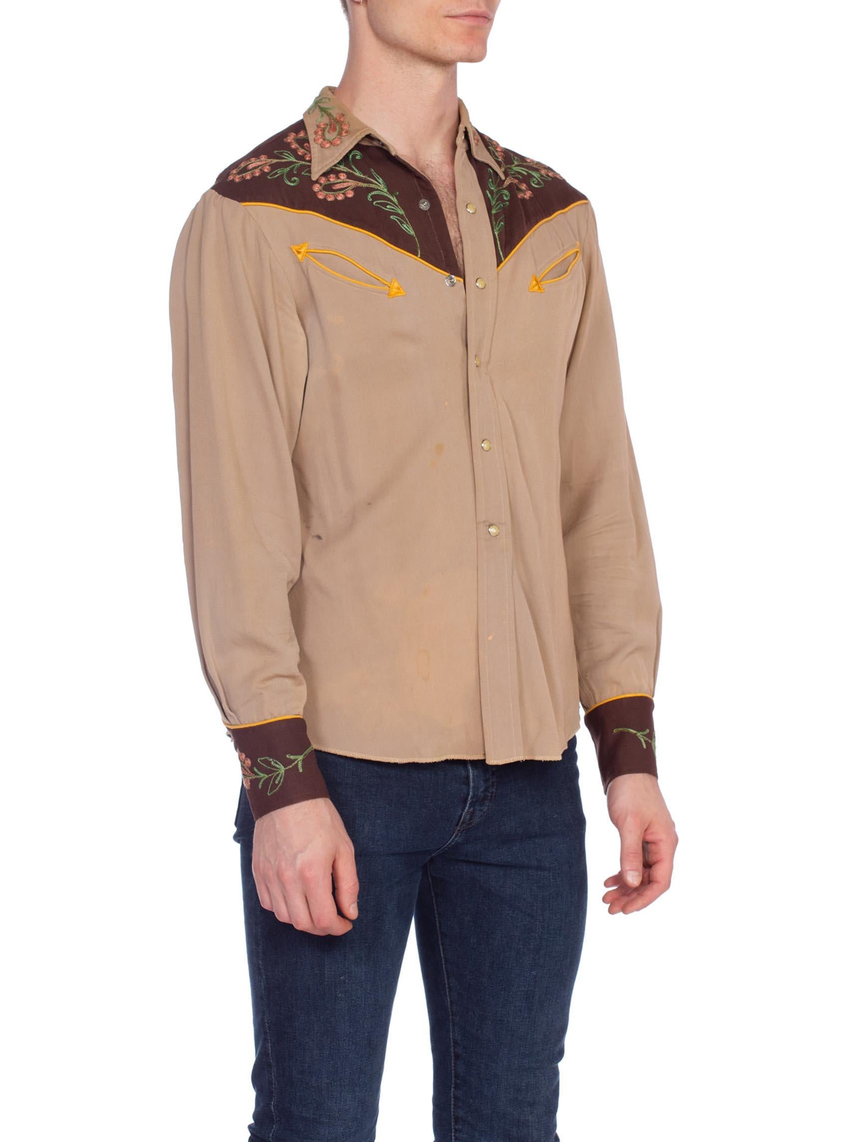 Beige 1940'S Brown Wool Men's Two-Tone Western Shirt With Metallic Floral Embroidery