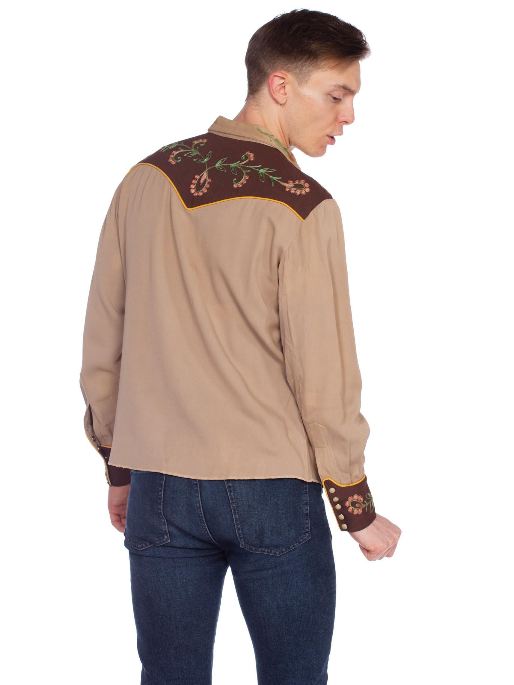 1940'S Brown Wool Men's Two-Tone Western Shirt With Metallic Floral Embroidery 1