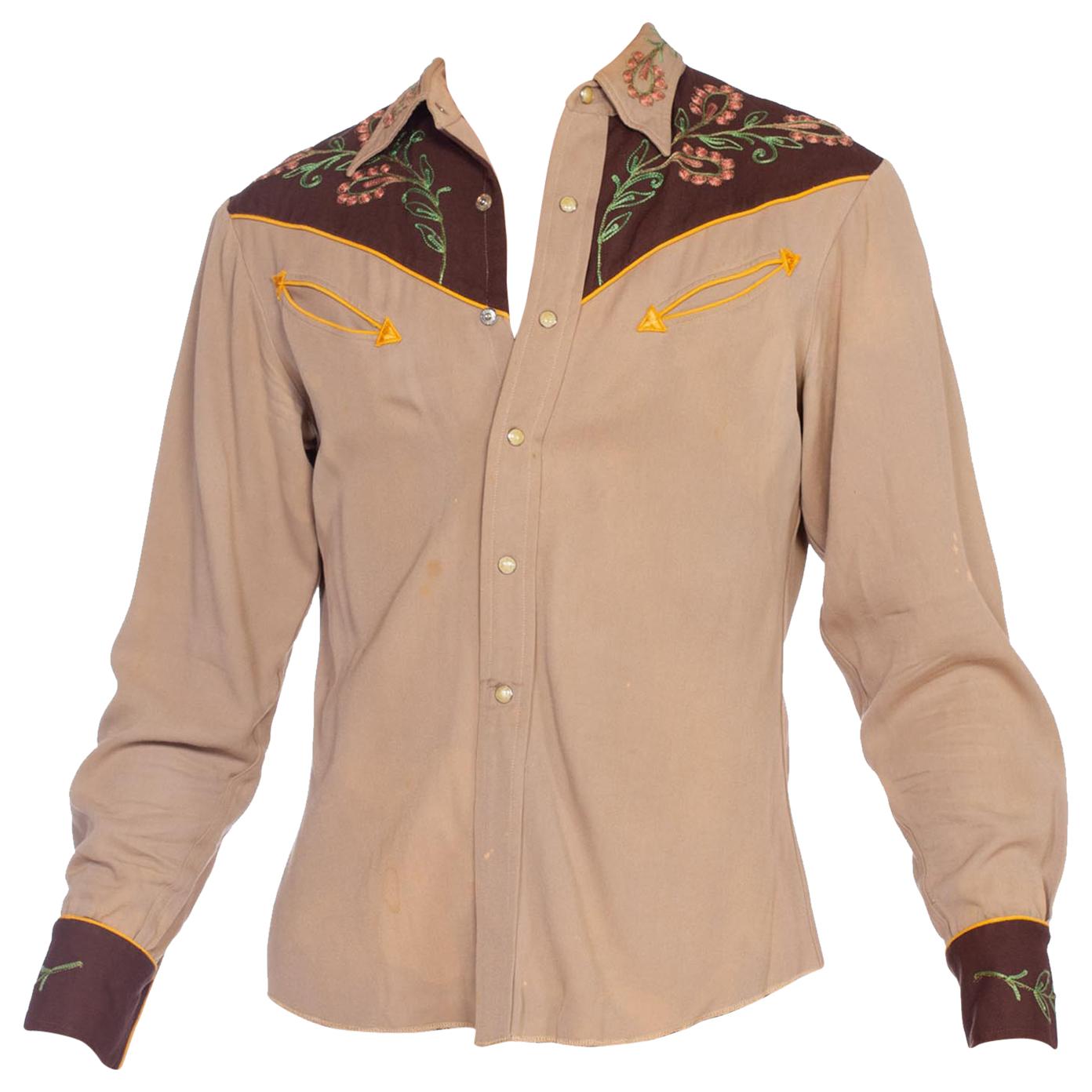 1940'S Brown Wool Men's Two-Tone Western Shirt With Metallic Floral Embroidery