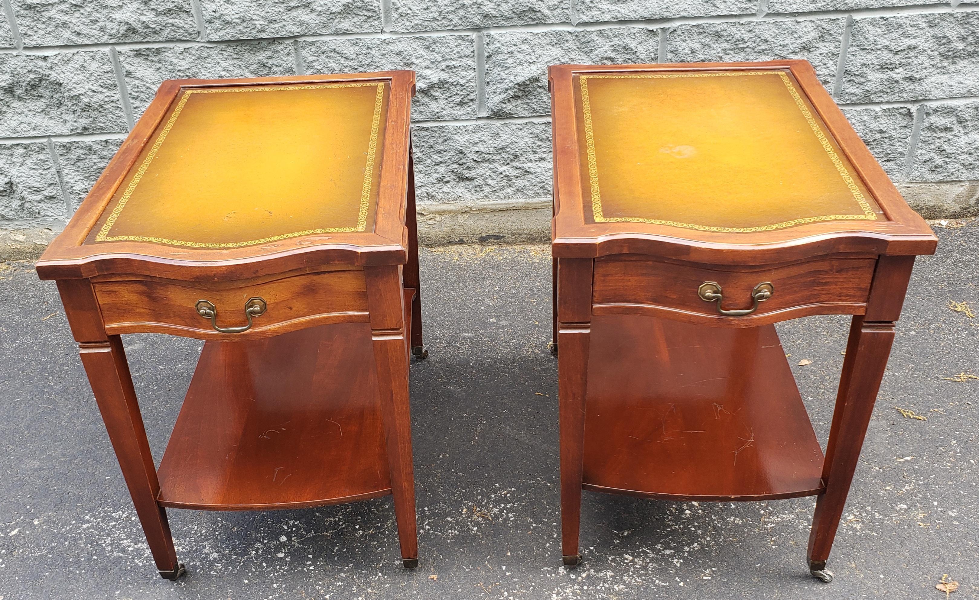 1940's Mersman Two Tier Mahogany Tooled Leather Stenciled Top Side Tables 4