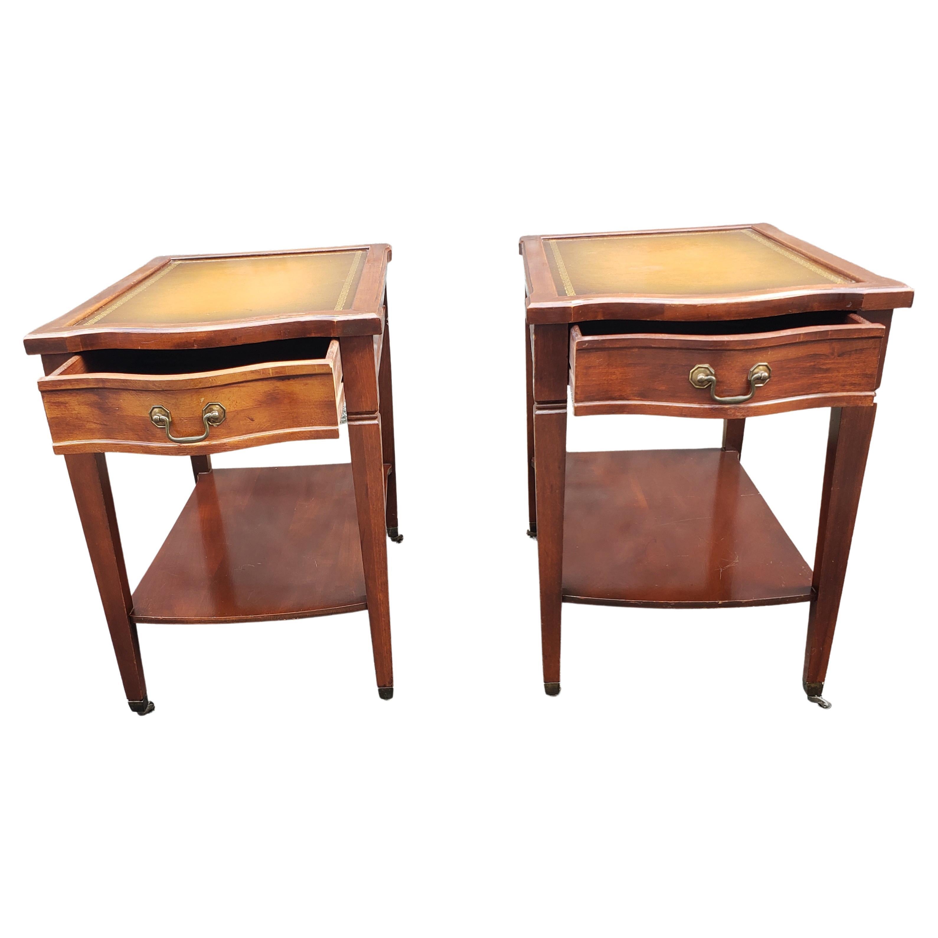 Américain 1940's Mersman Two Tier Mahogany Tooled Leather Stenciled Top Side Tables