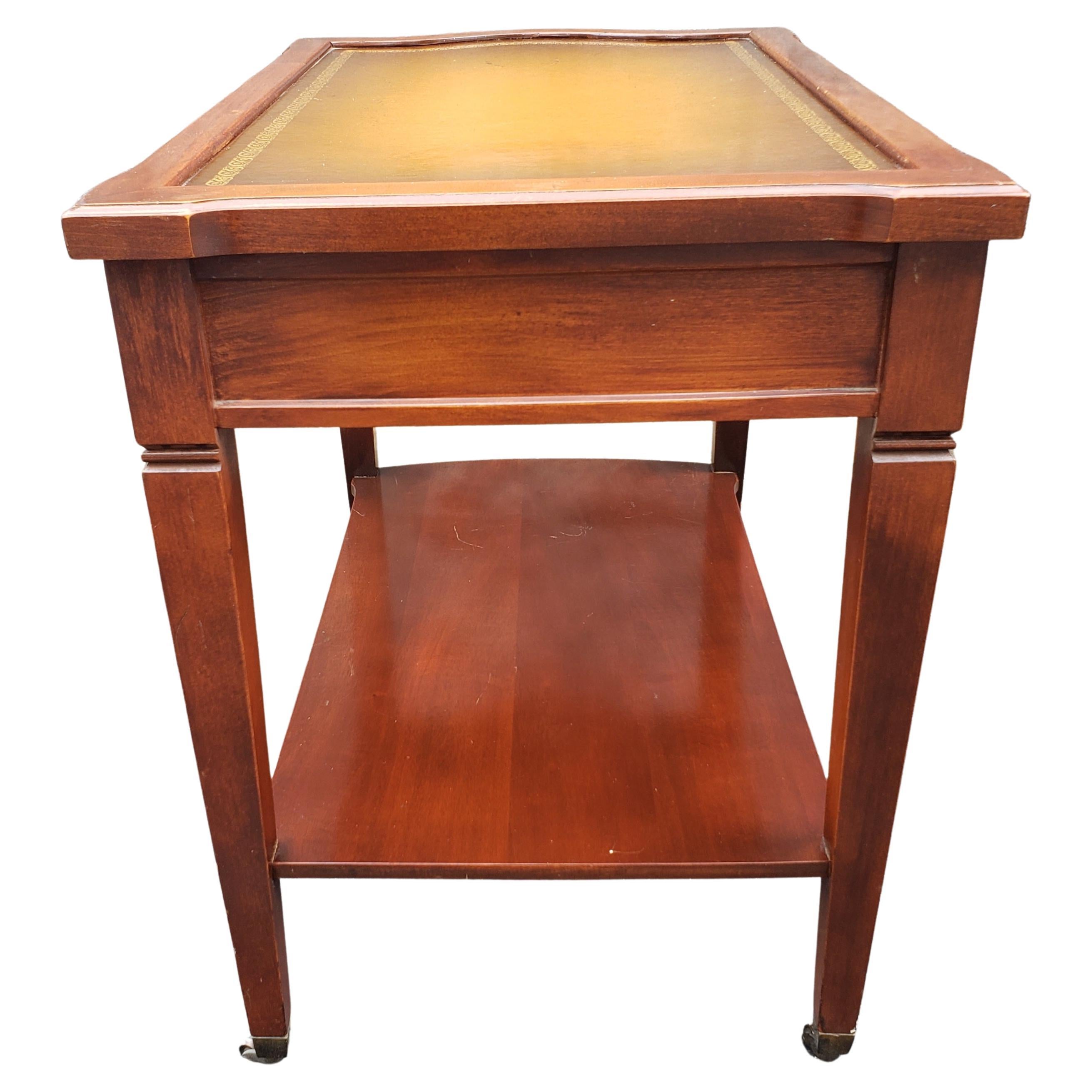 1940's Mersman Two Tier Mahogany Tooled Leather Stenciled Top Side Tables Bon état à Germantown, MD