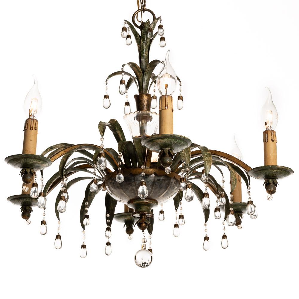 This is a stunningly classic decorative Chandelier from 1940s. This lamp has a rich, deep bronze colour while the highly crafted metalwork arms flow elegantly from the solid base. Well crafted glass ornaments. We have two in stock. The other light