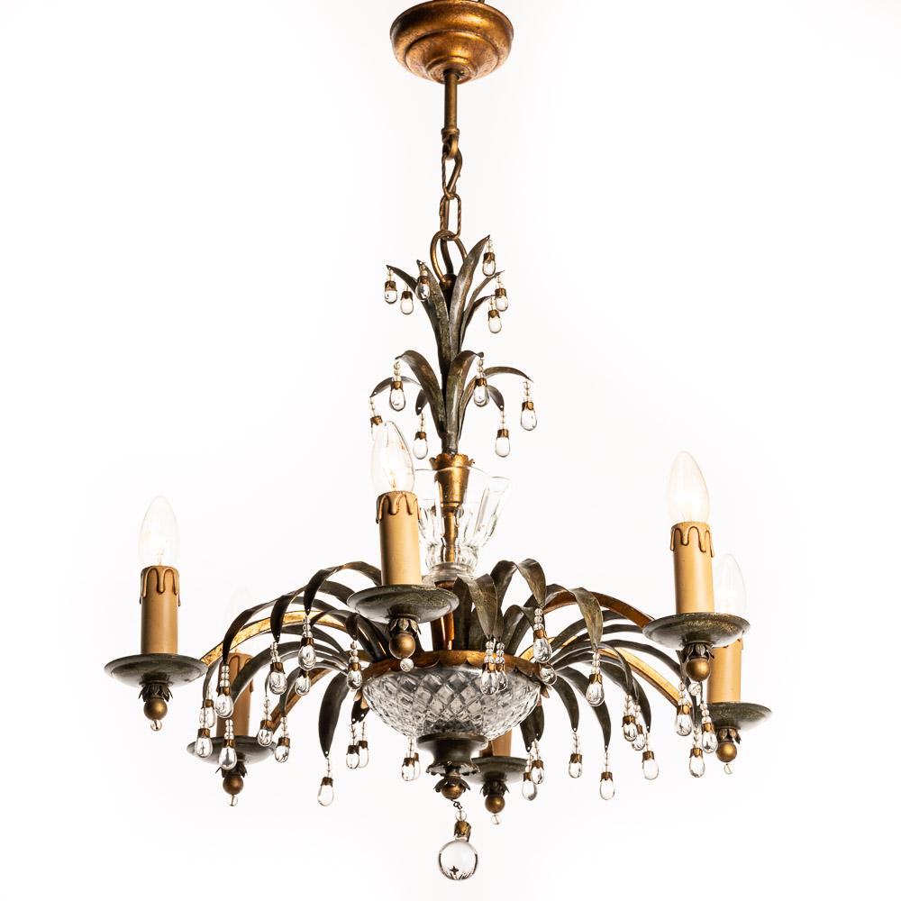 Francese Lampadario in metallo e vetro degli anni '40 attribuito alla Maison Baguès in vendita
