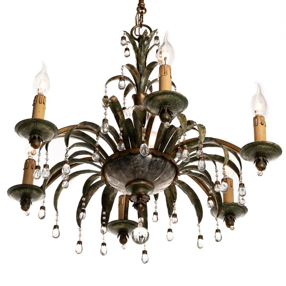 French 1940's Metal and Glass Chandelier Attributed to Maison Baguès For Sale
