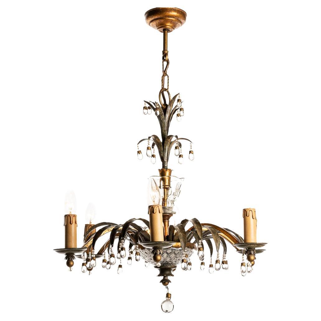 1940s Metal and Glass Chandelier Attributed to Maison Baguès For Sale