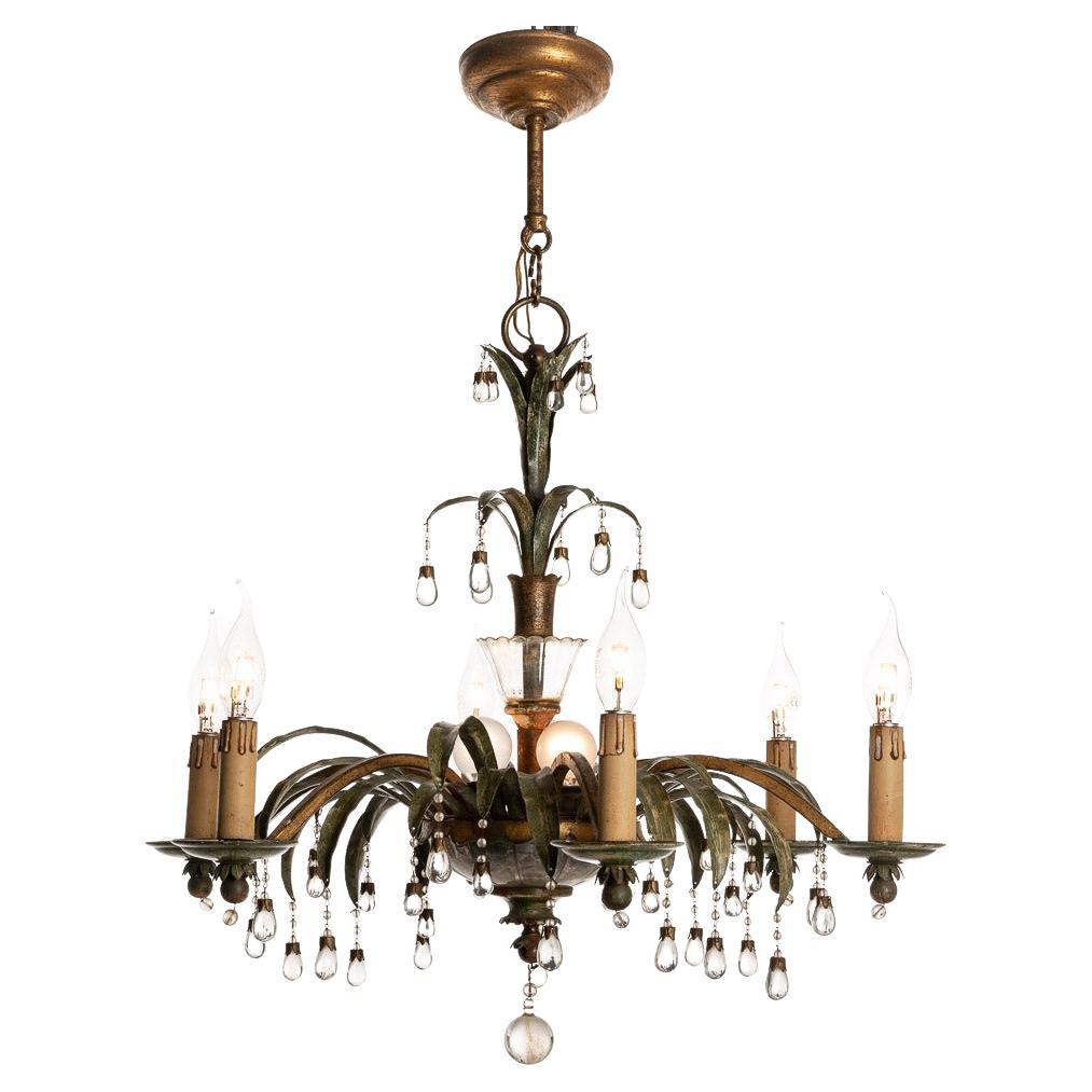 1940's Metal and Glass Chandelier Attributed to Maison Baguès