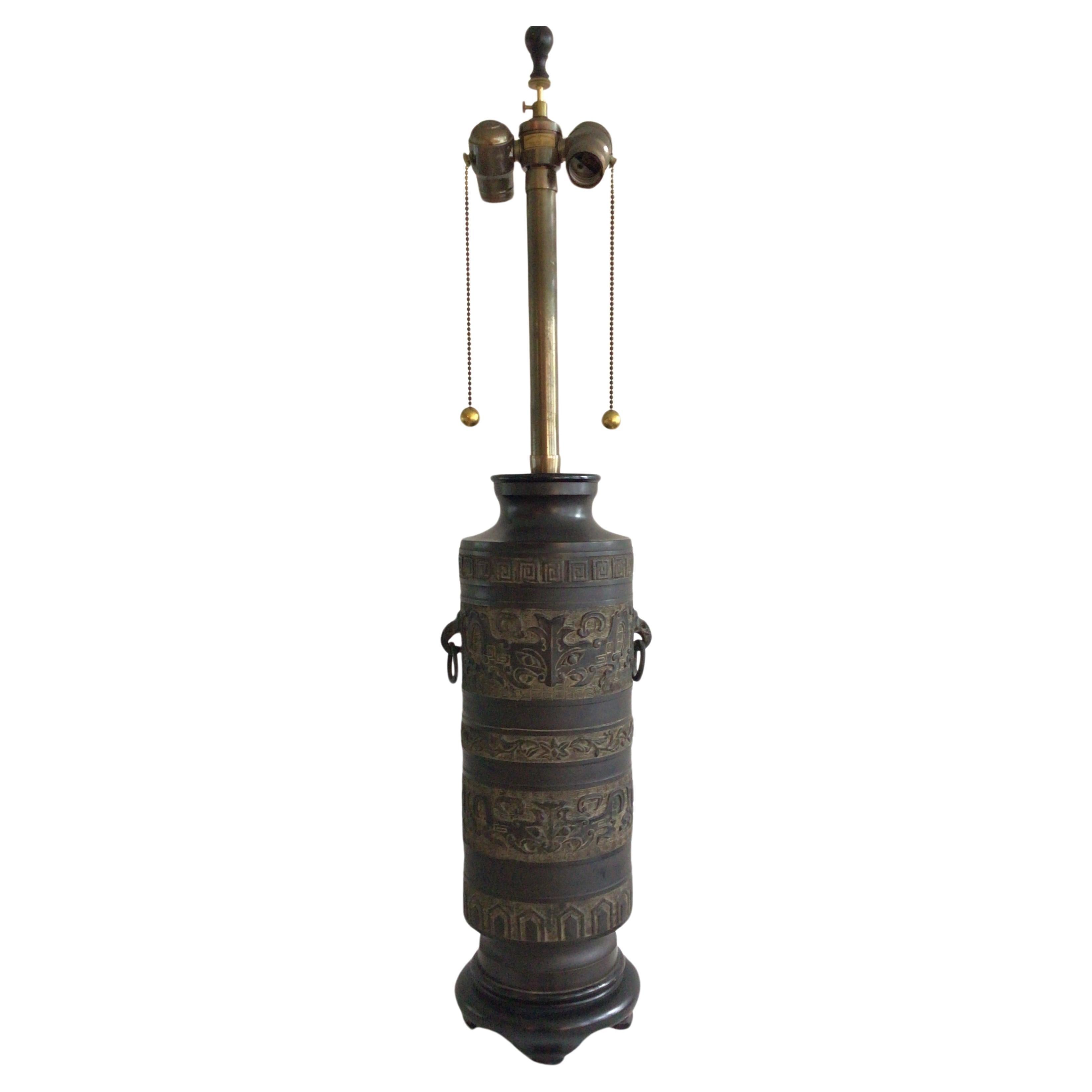 1940s Metal Table Lamp James Mont Style With Ring Handles and Greek Key Motif For Sale