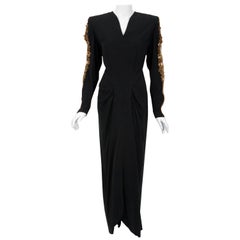 1940's Metallic-Gold Beaded Black Crepe Cut-Out Long Sleeve Hourglass Gown