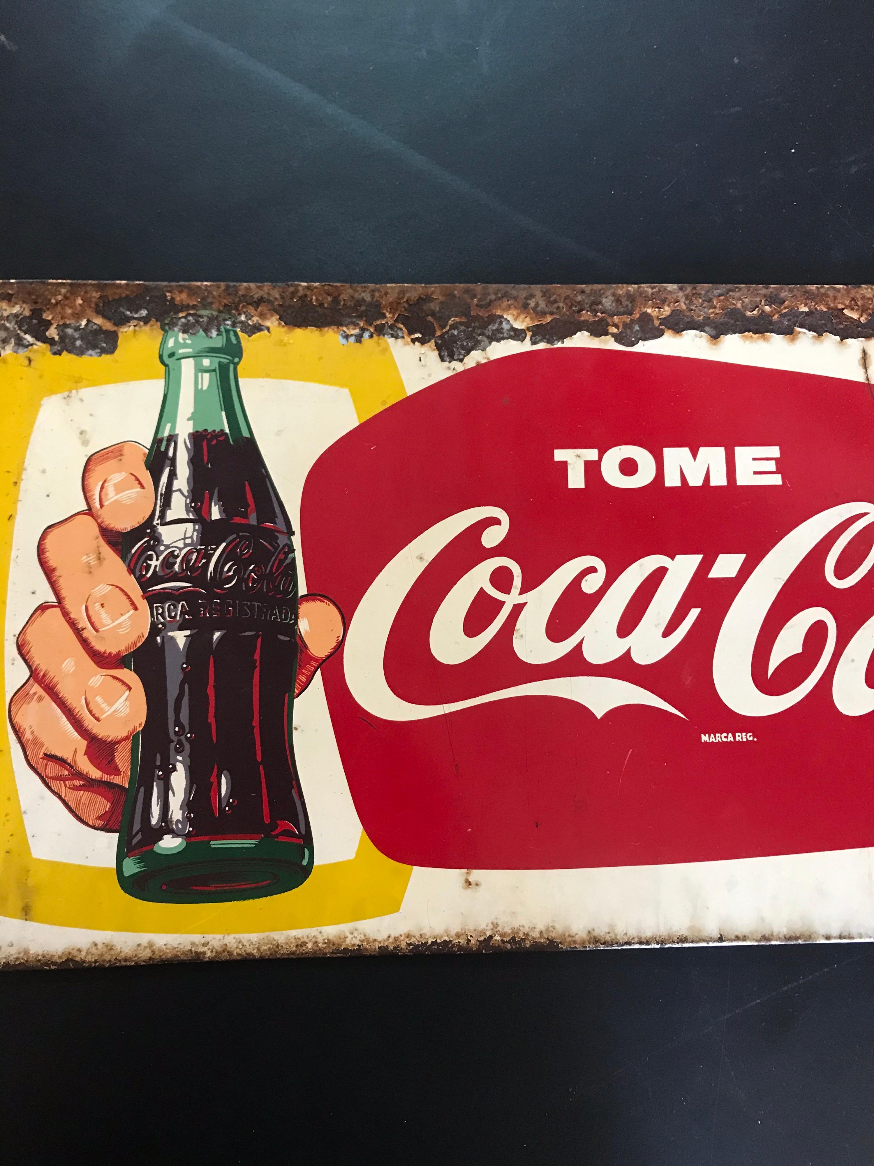 Mid-Century Modern Vintage 1940’s Mexican Coca Cola Tin Sign