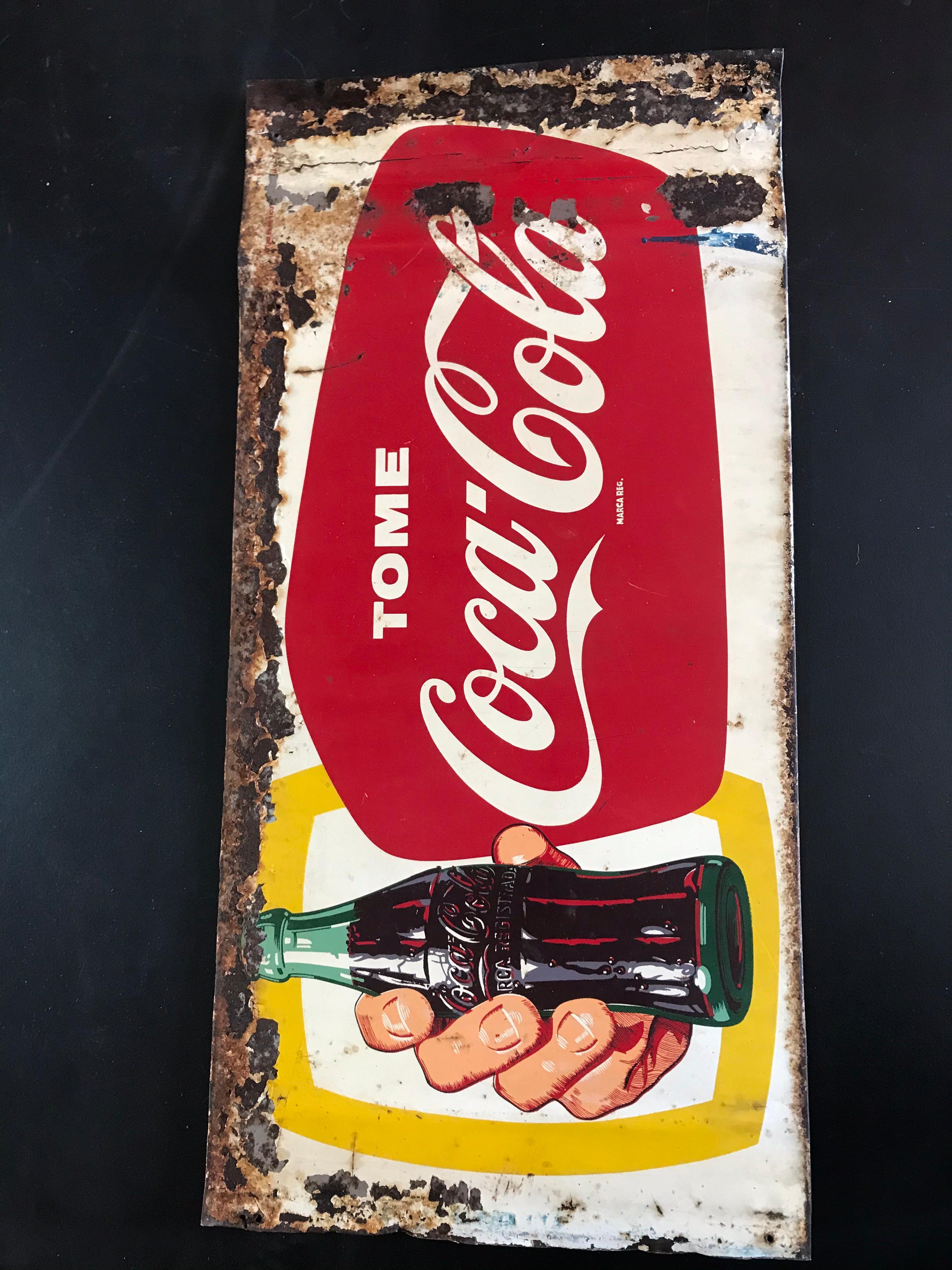Painted Vintage 1940’s Mexican Coca Cola Tin Sign