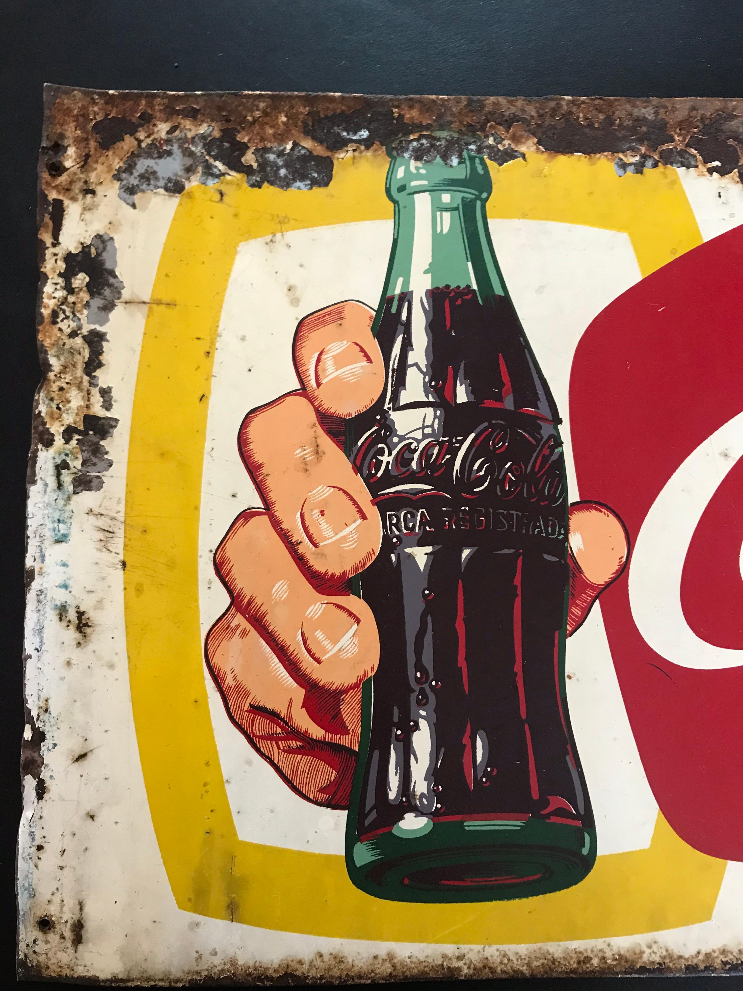 Vintage 1940’s Mexican Coca Cola Tin Sign In Distressed Condition In San Diego, CA