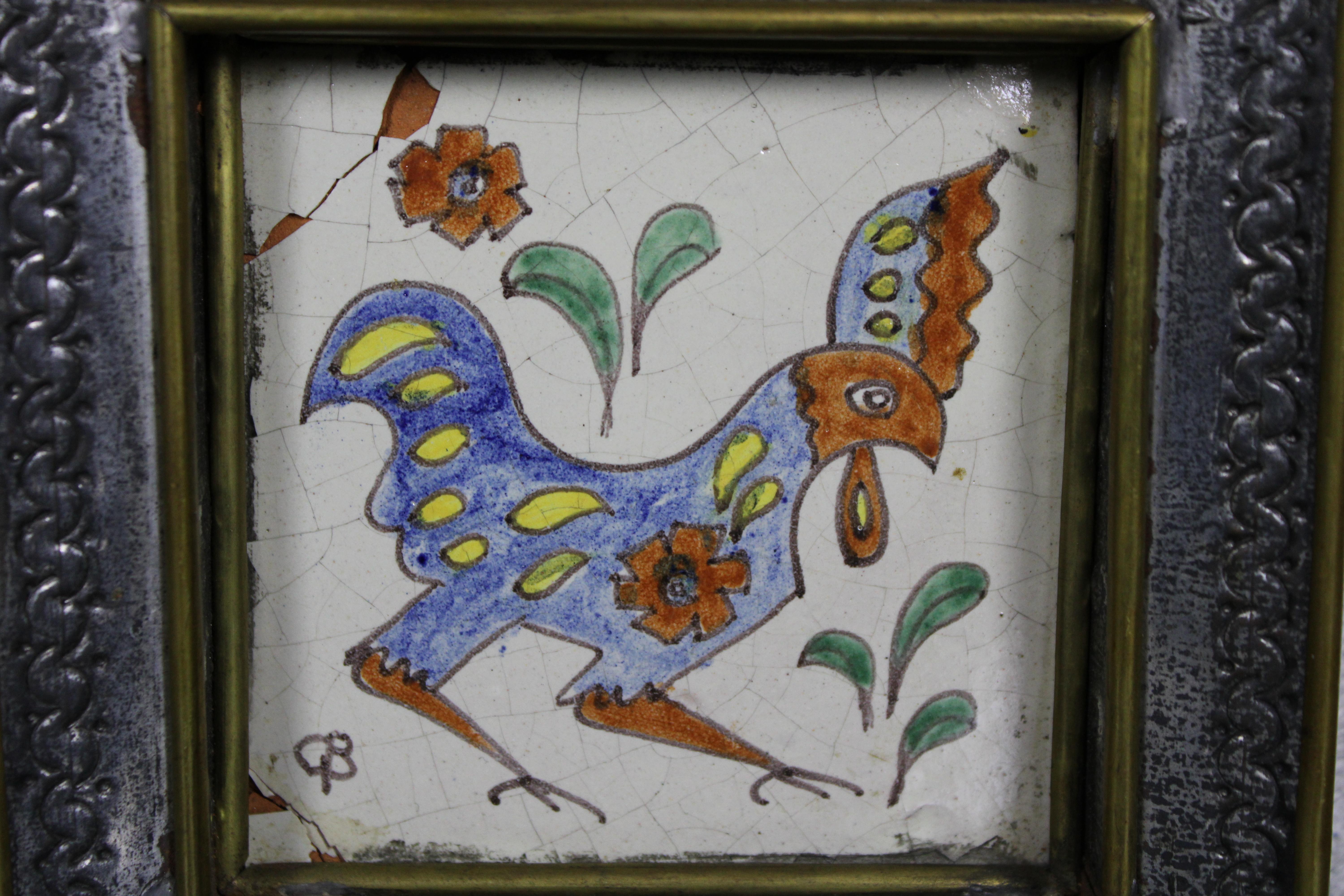 Mid-20th Century 1940s Mexican Gene Byron Tin Brass Framed Polychrome Rooster Chicken Art Tile