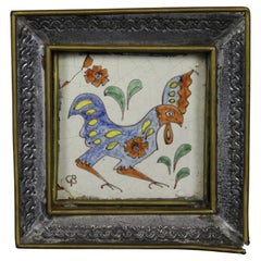 1940s Mexican Gene Byron Tin Brass Framed Polychrome Rooster Chicken Art Tile