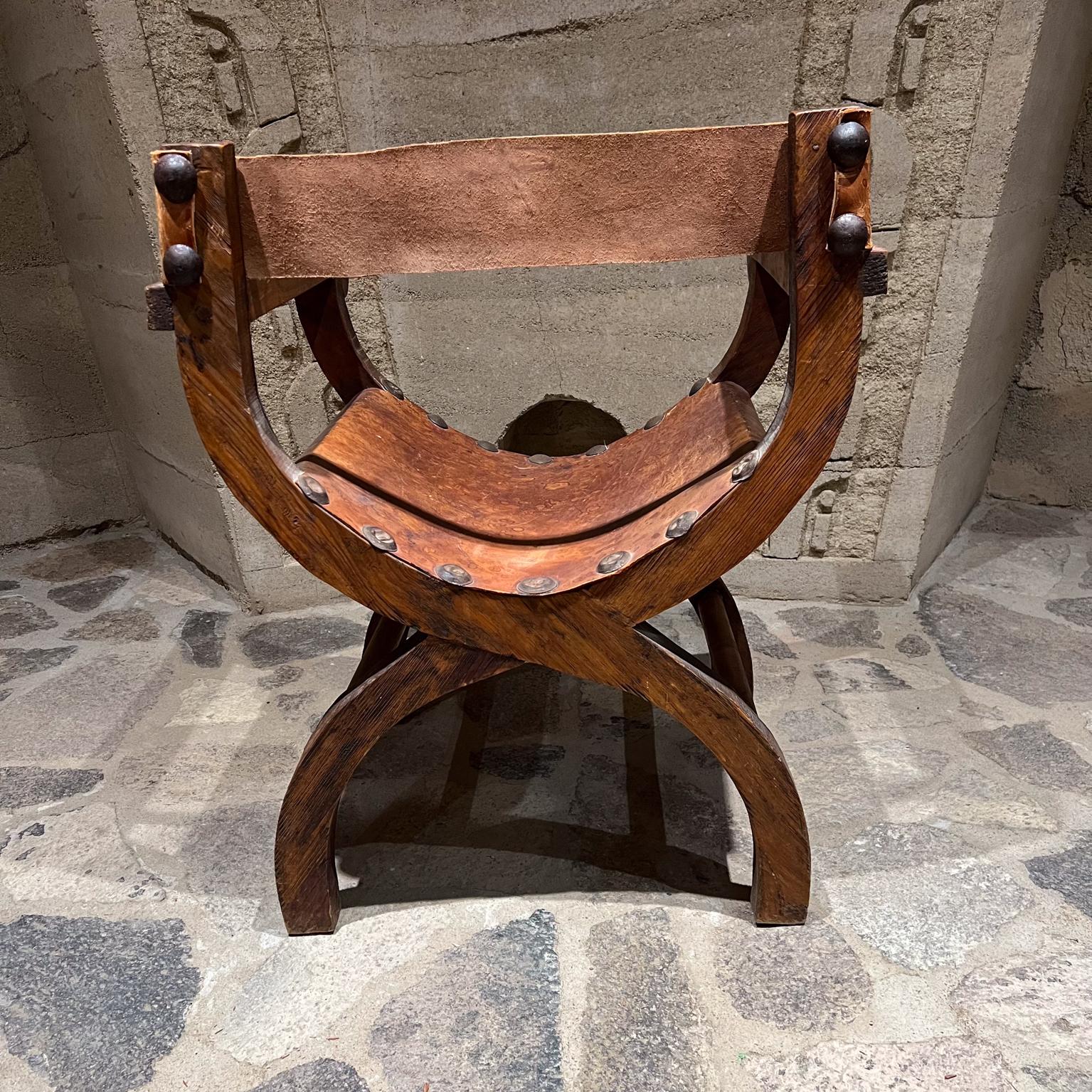 Mid-20th Century 1940s Mexican Leather Colonial Wood Chair Miguelito Butaque For Sale