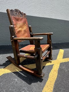1940s Mexican Saddle Leather Rustic Carved Wood Rocking Chairs, Set of 2